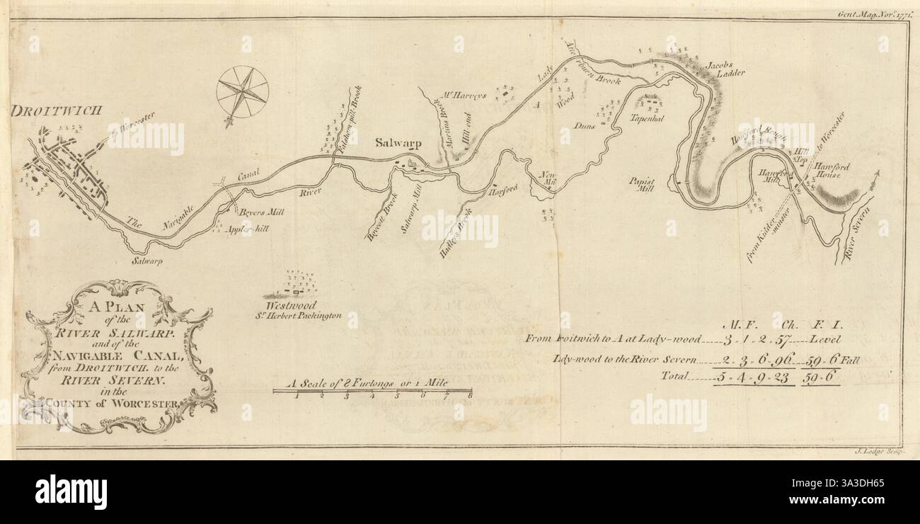 Un piano del fiume Salwarpe e del canale Droitwich. LODGE 1771 vecchia mappa antica Foto Stock