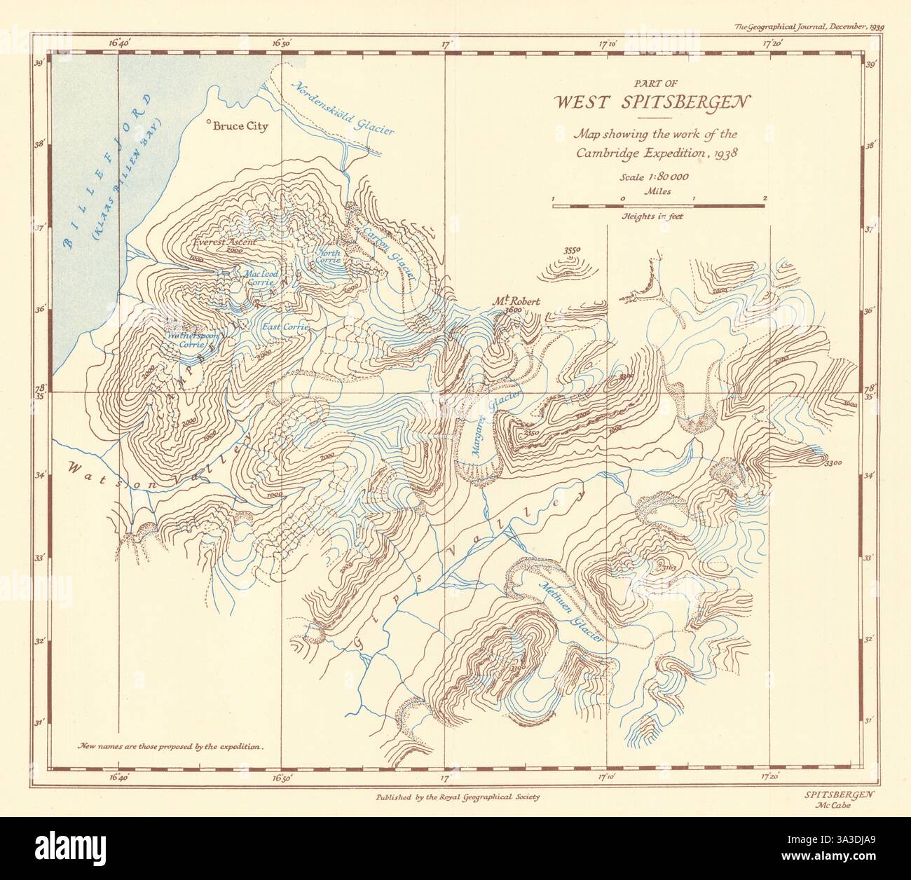 Cambridge Spitsbergen Expedition 1938. Svalbard. Artico. Mappa RGS/McCabe 1939 Foto Stock
