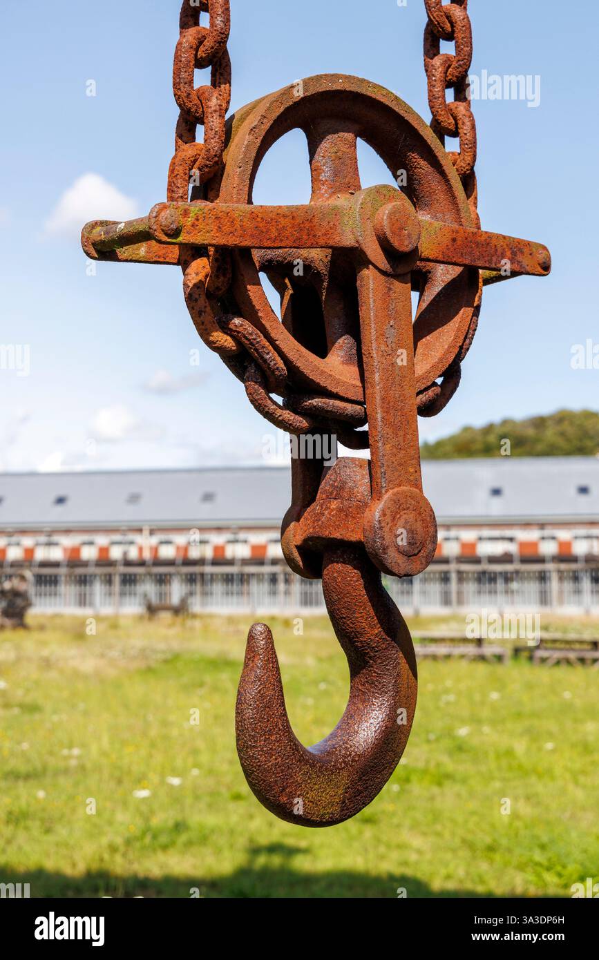 Gancio per blocco e paracadute per la ferrovia lcomusee du Bois-du-Luc, Houdeng-Aimeries, Wallonie, Belgio Foto Stock