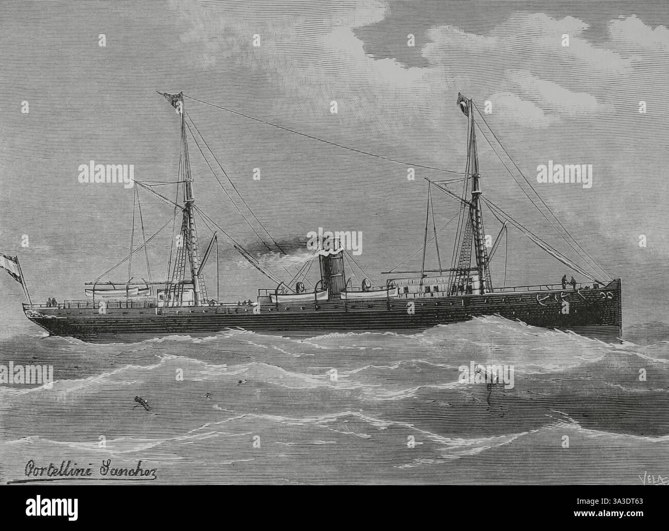 Marina Mercante Española (Marina mercantile spagnola). Il nuovo piroscafo “Manuel L. Villaverde”, costruito per il cantiere navale Compañía Trasatlántica di Lobnitz & Co. A Renfrew (Scozia) e costruito nel 1882. È stato progettato per la navigazione nei mari delle Indie occidentali. Copriva la linea commerciale del Golfo del Messico. Dopo la guerra del 1898 copriva la linea della Guinea spagnola. Nel 1921 si arenò e affondò durante un viaggio di ritorno in Spagna, vicino alla Costa d'Avorio. Disegno di Cortellini Sánchez. Incisione di Vela. La Ilustración Española y americana (The Spanish and American Illustration), 8 marzo 1883. Foto Stock