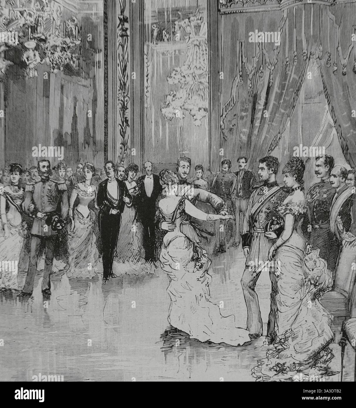 Infanta María de la Paz di Spagna (María de la Paz de Borbón) (1862-1946). Infanta di Spagna. Principessa di Baviera con il suo matrimonio, il 2 aprile 1883, con suo cugino di primo grado, il principe Ludovico Ferdinando di Baviera (1859-1949). Matrimonio celebrato al Palazzo reale di Madrid. Danza in onore degli sposi di agosto. Il primo valzer nella sala degli specchi. Disegno di Juan Comba. Incisione. La Ilustración Española y americana (The Spanish and American Illustration), 15 aprile 1883. Foto Stock