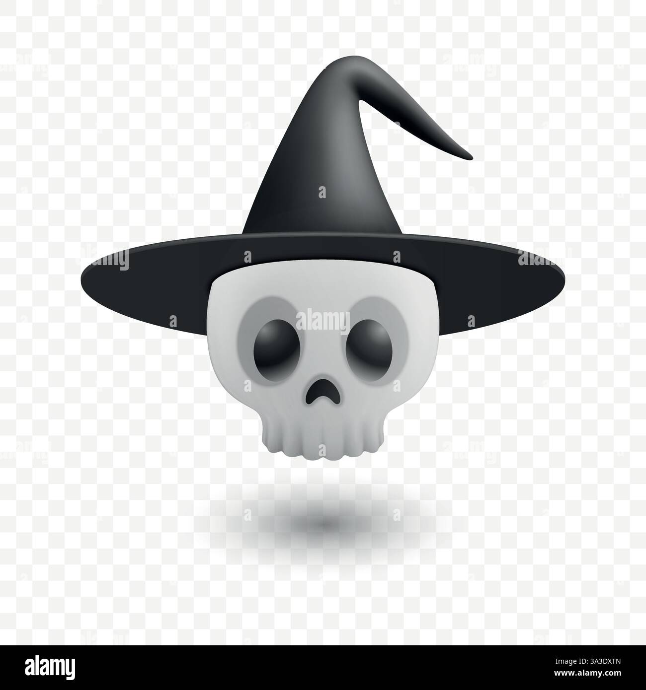 Teschio galleggiante spettrale con cappello da strega. Spaventoso fantasma di Halloween con Shadow. Inquietante spirito infestato, personaggio magico per Halloween, testa galleggiante con Illustrazione Vettoriale