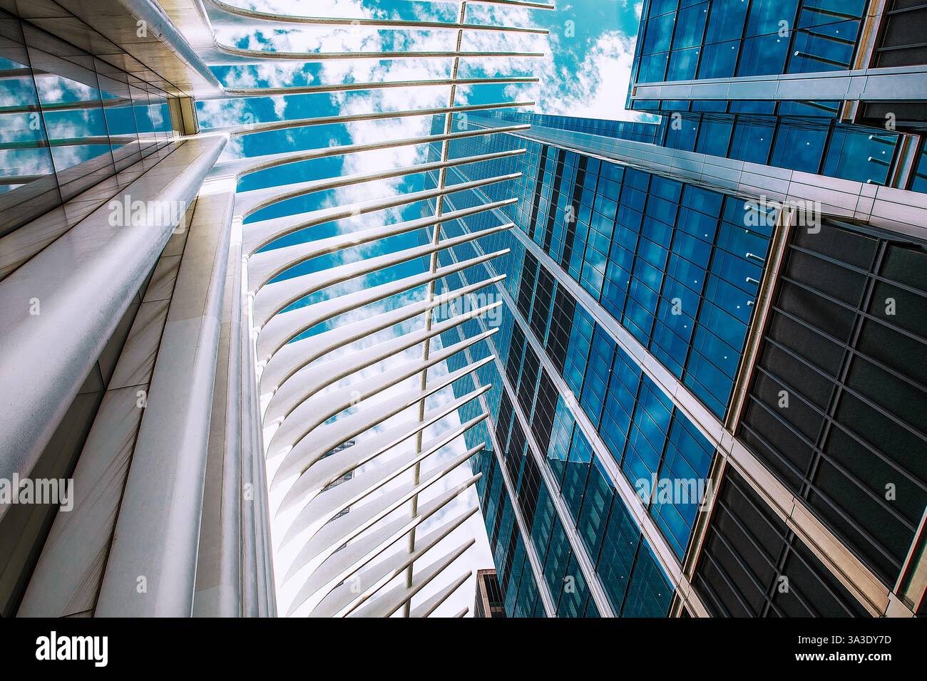 Oculus World Trade Center dall'esterno guardando dal basso a New York, NY, USA 23 luglio 2023 Foto Stock