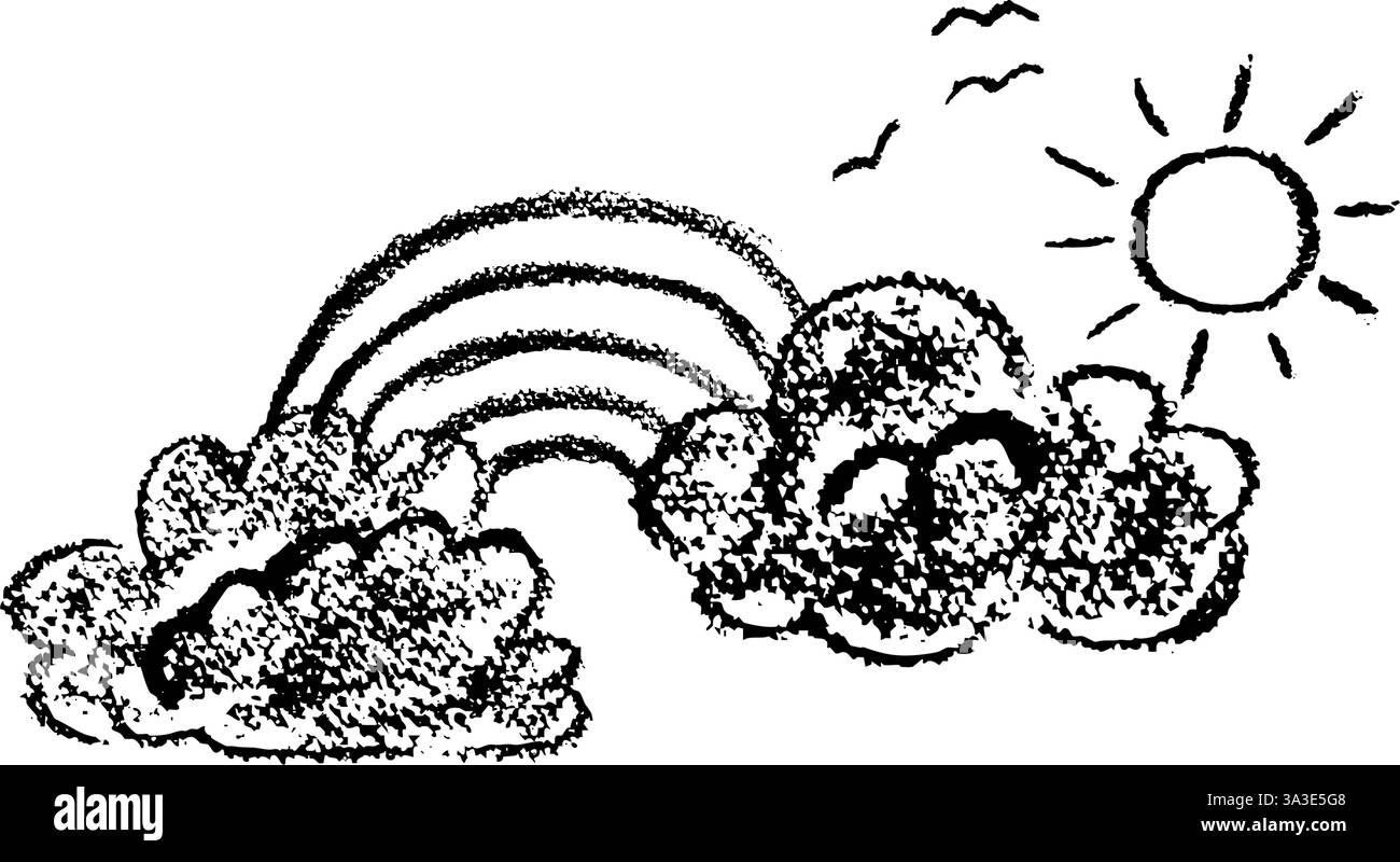 Nuvole di pastello con arcobaleno. Cielo con sole e sagoma di uno stormo di uccelli. Matita in cera monocromatica per bambini che disegnano paesaggi. Design vettoriale divertente Illustrazione Vettoriale
