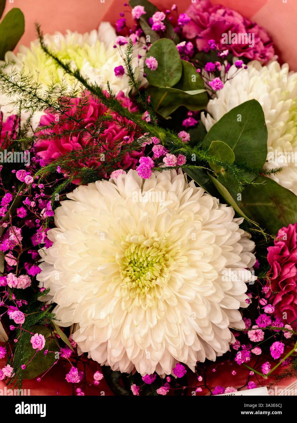 Stupendo bouquet bianco al crisantemo con soffio rosa per bambini disposizione floreale mista romantici fiori da giardino freschi fiori primaverili e estivi feste nuziali Fotografia bellezza naturale arredamento per la casa Foto Stock