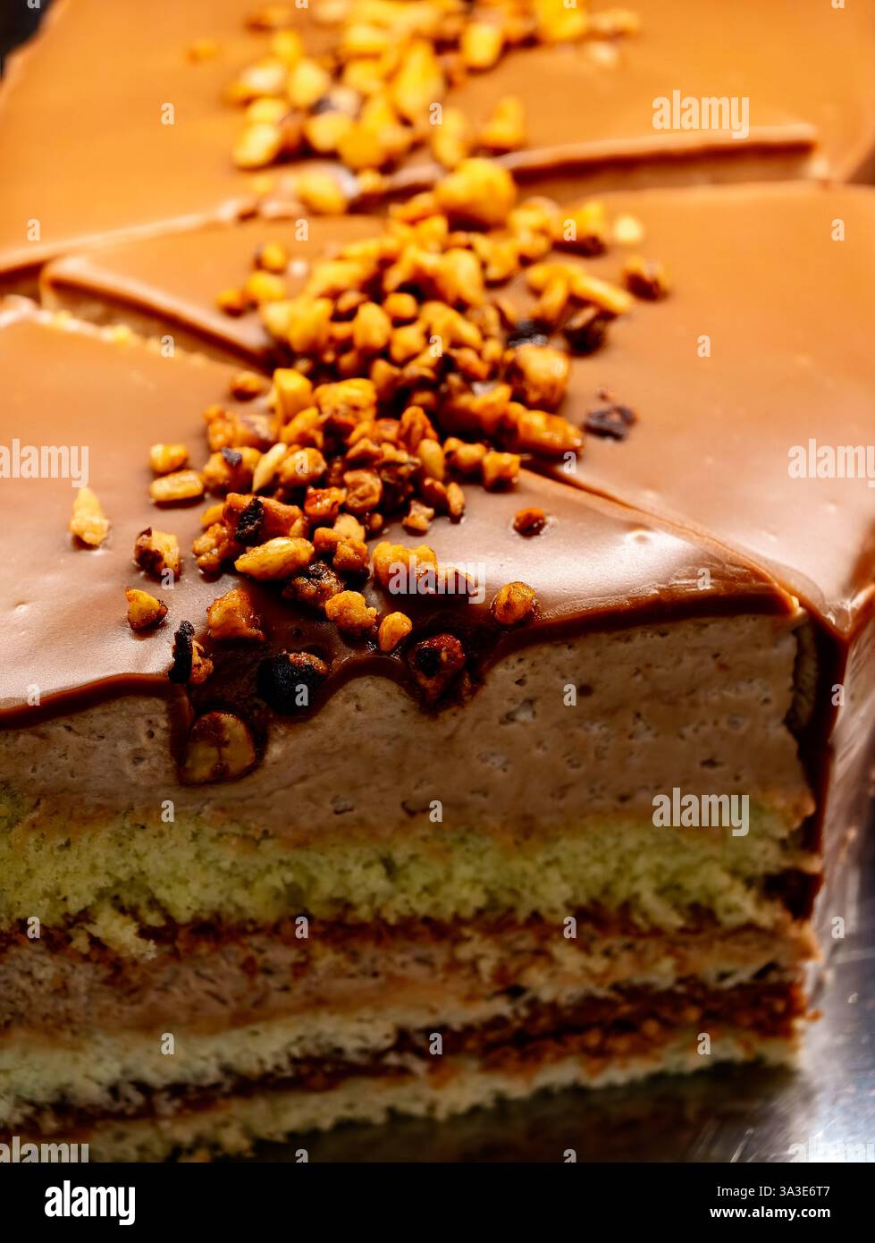 Torta schiacciata a strati di cioccolato nocciole topping di ganache dessert professionale Fotografia Pasticceria Gourmet Menu del ristorante elegante torta Slice Premium dessert creazione di Bakery Foto Stock