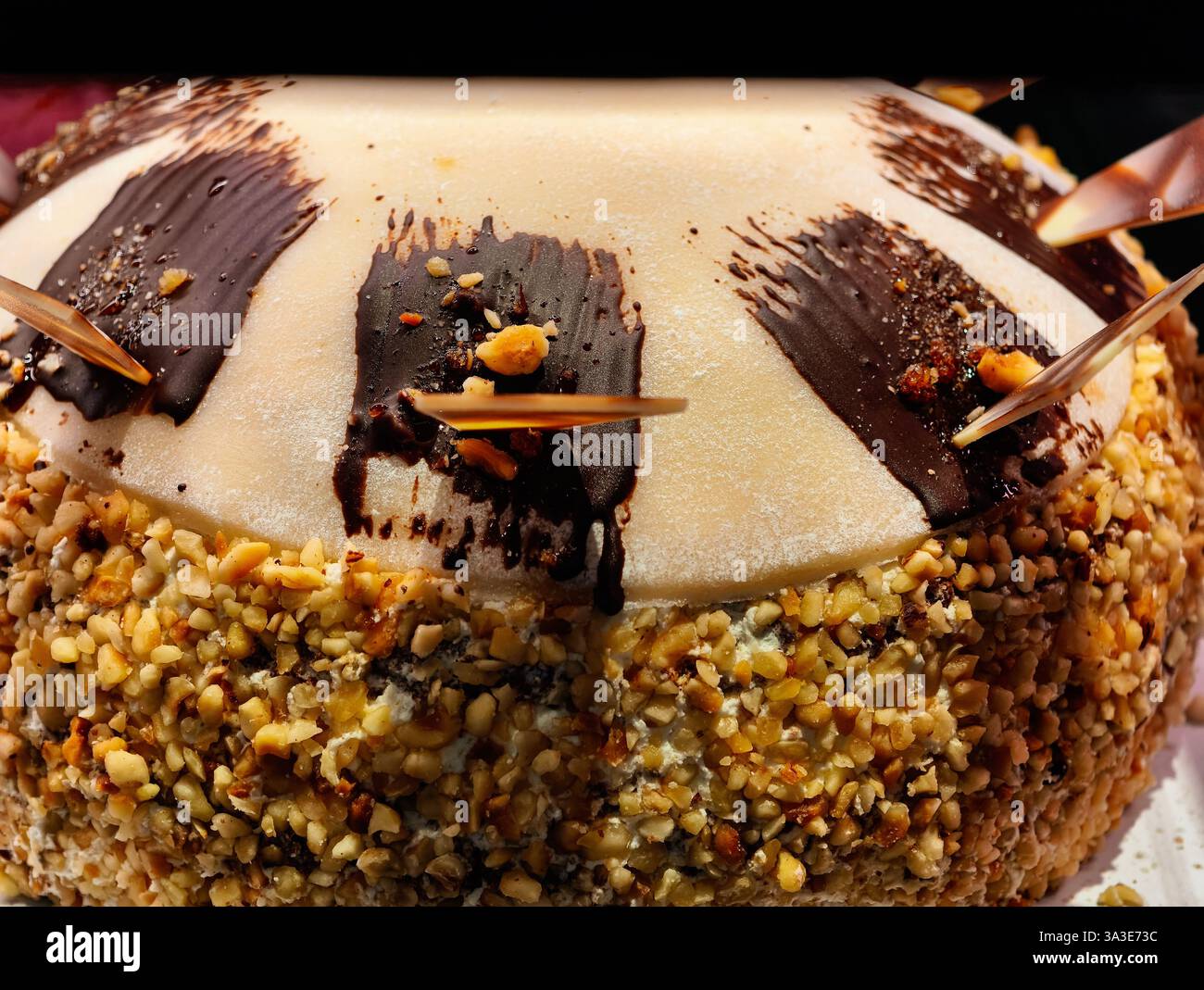 Torta glassata al cioccolato con condimento croccante di noci dessert decadente Fotografia professionale Patisserie gourmet Premium al forno presentazione elegante Foto Stock
