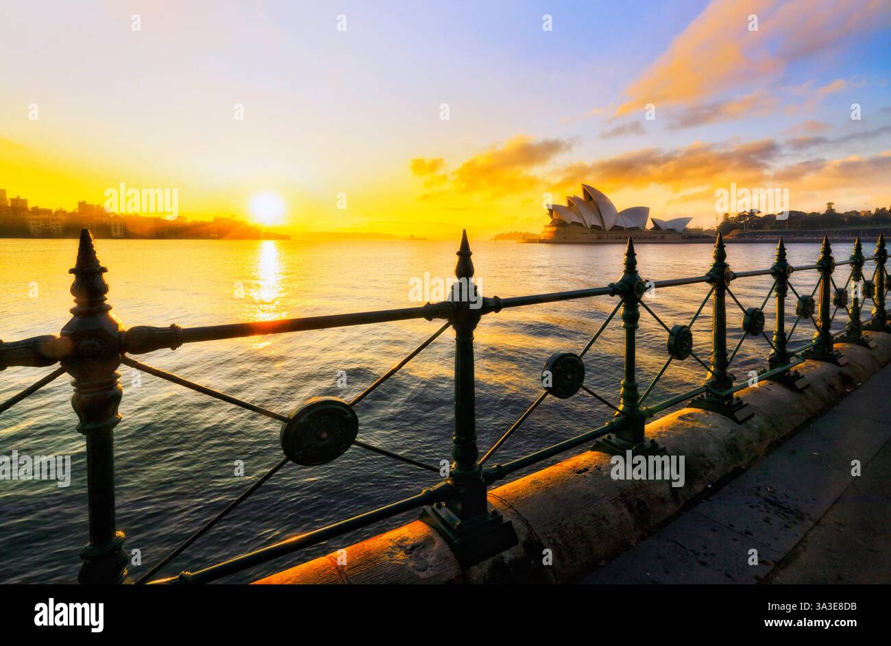 Ora d'oro che sorge il sole sull'orizzonte del porto di Sydney dalle rocce - icone dell'Australia. Foto Stock