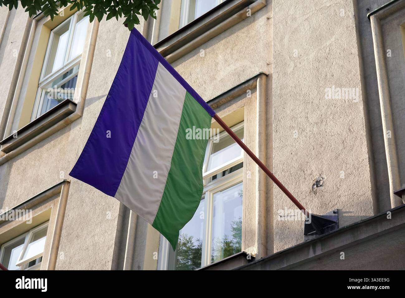 Bandiera di etnia ladina con strisce blu, bianche e verdi sull'asta Foto Stock