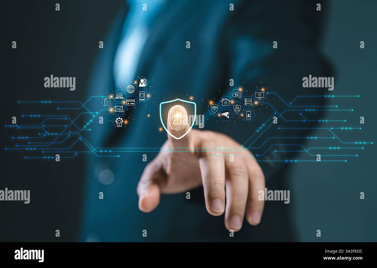 Concetti di sicurezza informatica e privacy per proteggere i dati. Dito aziendale premere l'icona delle impronte digitali e la tecnologia di sicurezza della rete Internet. Sc. Virtuale Foto Stock