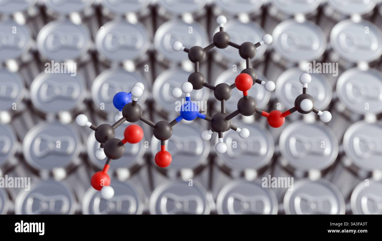 Rendering 3d di molecola di aspartame e primo piano di una lattina metallica. La prevalenza dell'aspartame nelle bevande dietetiche gassate e in altre bevande in scatola a basso contenuto calorico. Foto Stock