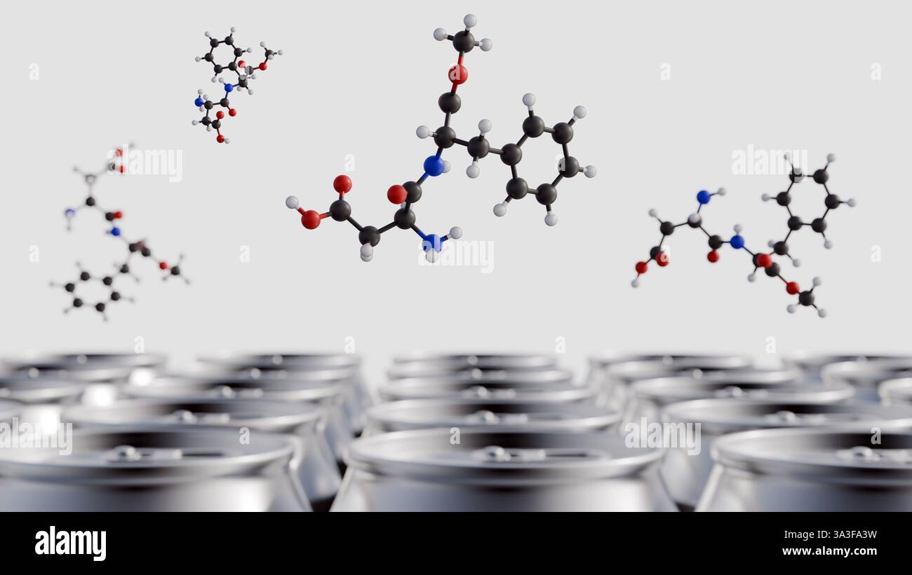 Rendering 3d di molecola di aspartame e primo piano di una lattina metallica. La prevalenza dell'aspartame nelle bevande dietetiche gassate e in altre bevande in scatola a basso contenuto calorico. Foto Stock