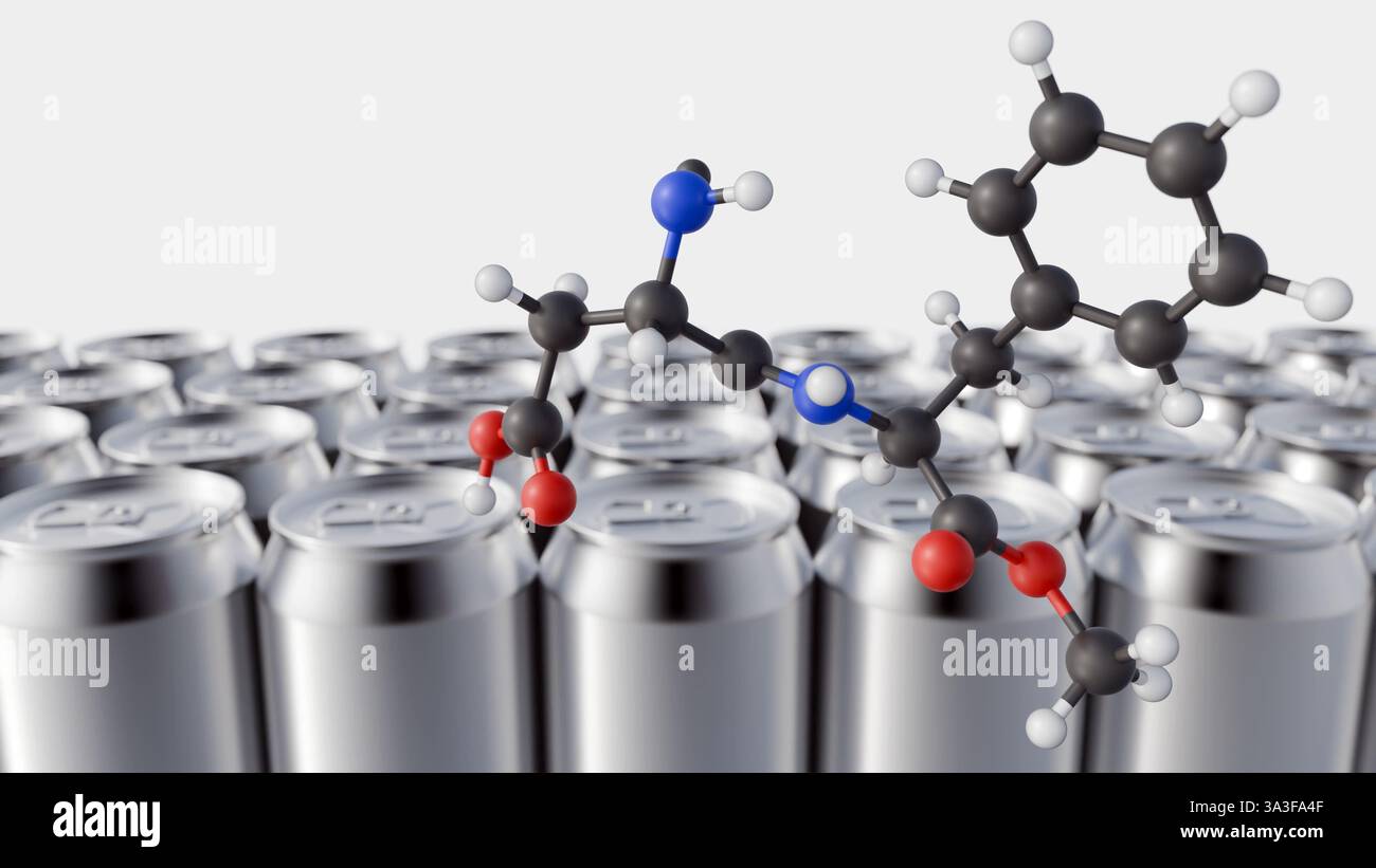 Rendering 3d di molecola di aspartame e primo piano di una lattina metallica. La prevalenza dell'aspartame nelle bevande dietetiche gassate e in altre bevande in scatola a basso contenuto calorico. Foto Stock