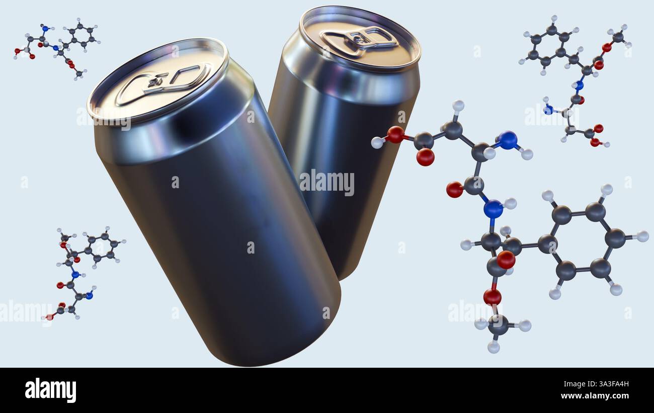 Rendering 3d di molecola di aspartame e primo piano di una lattina metallica. La prevalenza dell'aspartame nelle bevande dietetiche gassate e in altre bevande in scatola a basso contenuto calorico. Foto Stock