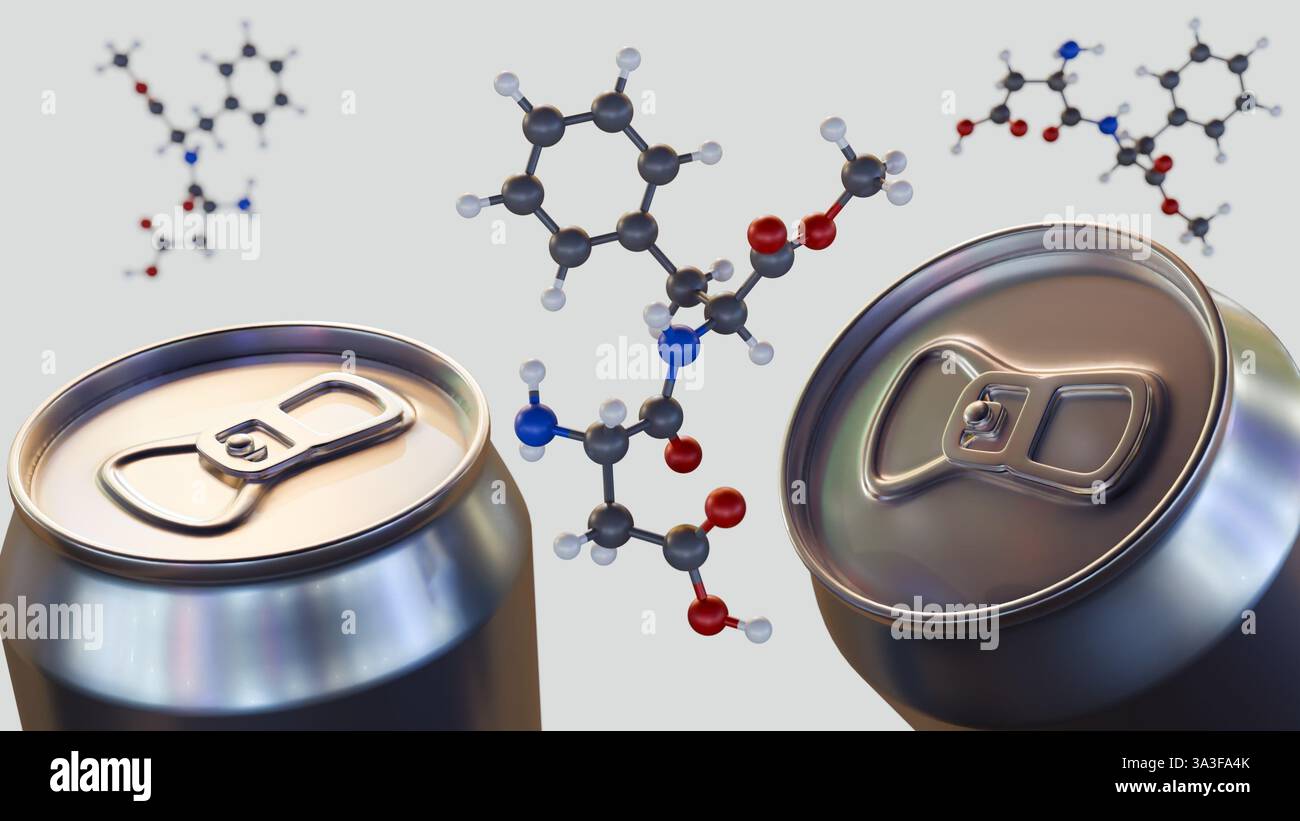 Rendering 3d di molecola di aspartame e primo piano di una lattina metallica. La prevalenza dell'aspartame nelle bevande dietetiche gassate e in altre bevande in scatola a basso contenuto calorico. Foto Stock