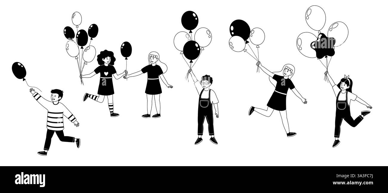 I bambini si godono una giornata di sole giocando con palloncini bianchi e neri in un parco Illustrazione Vettoriale