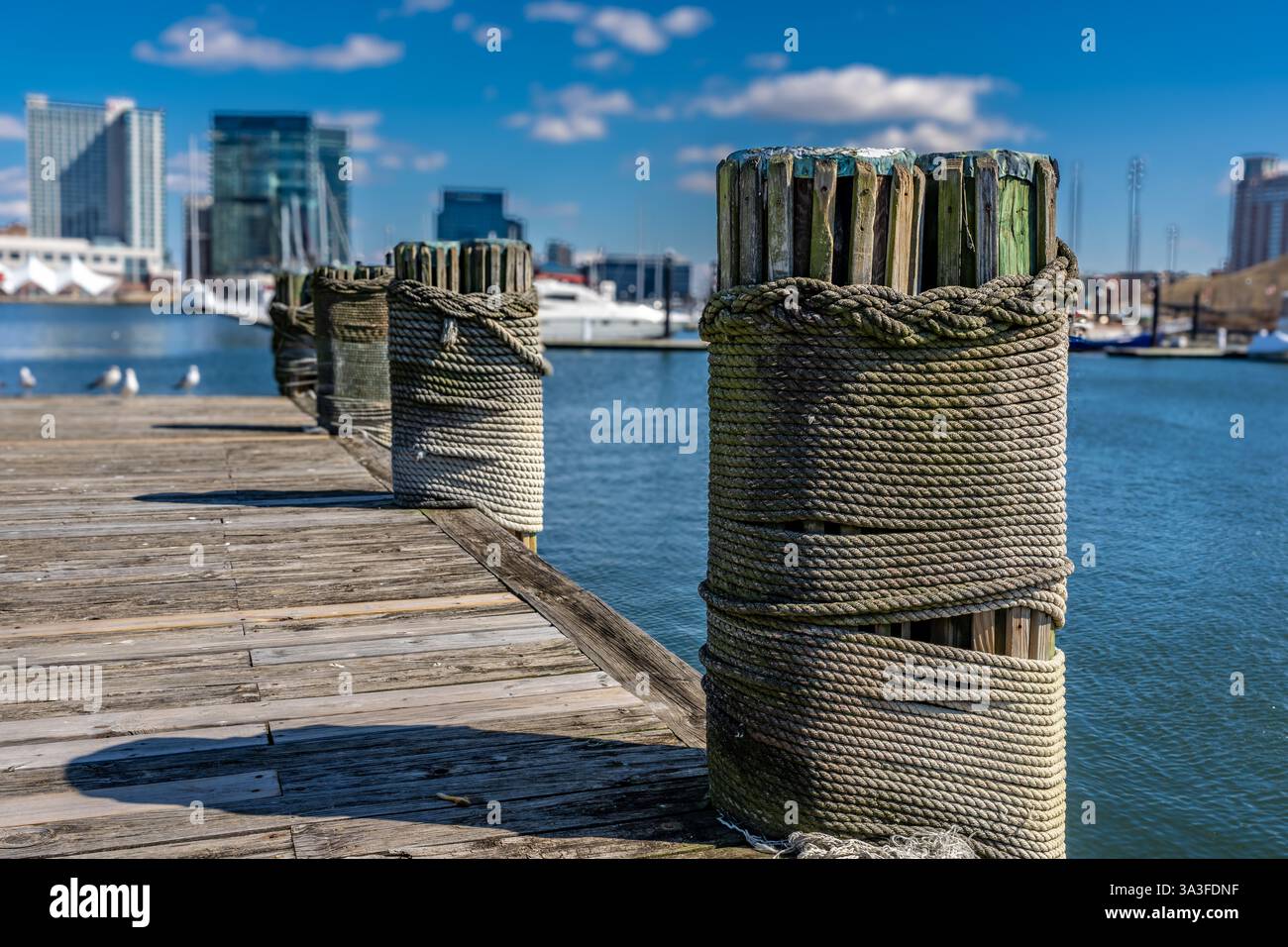 Baltimora, MD, Stati Uniti - 8 marzo 2025: Foto pomeridiana invernale del porto interno di Baltimora in un freddo pomeriggio invernale soleggiato. Foto Stock