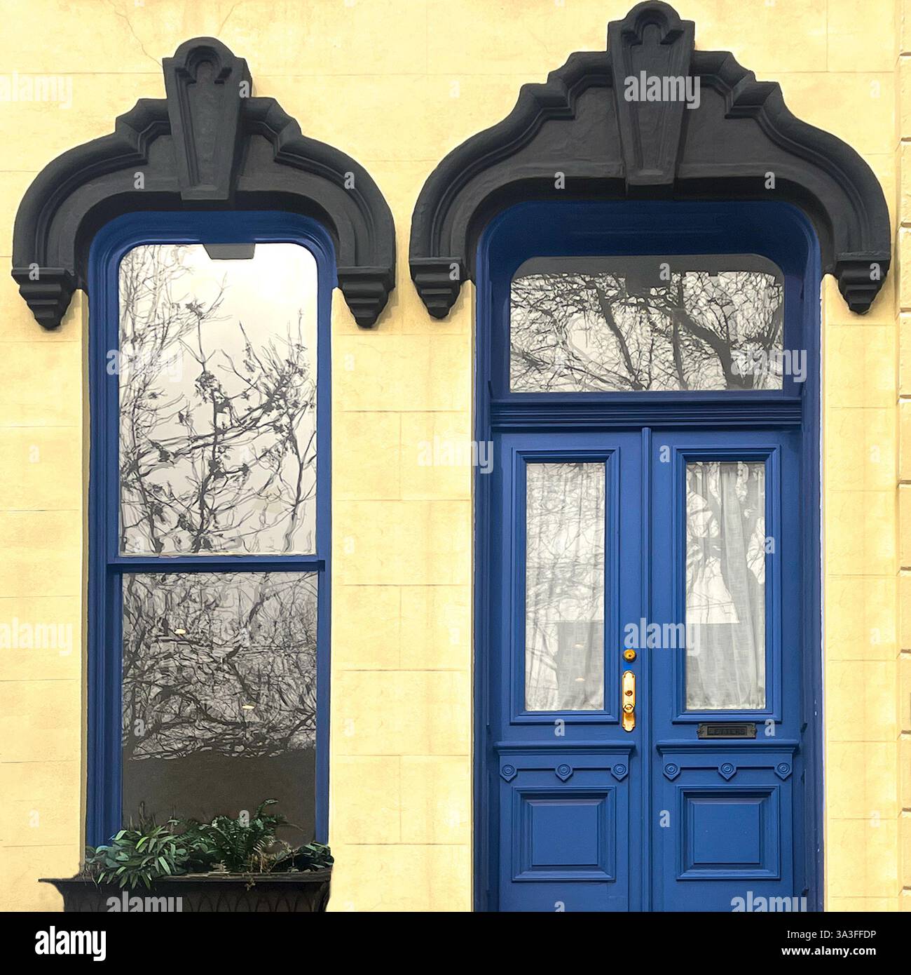 Porta blu con intricati pannelli, abbinati a una finestra coordinata, entrambi incorniciati da ornati finiture nere su una facciata in pietra pallida. - Immagine stock catturata con smartphone