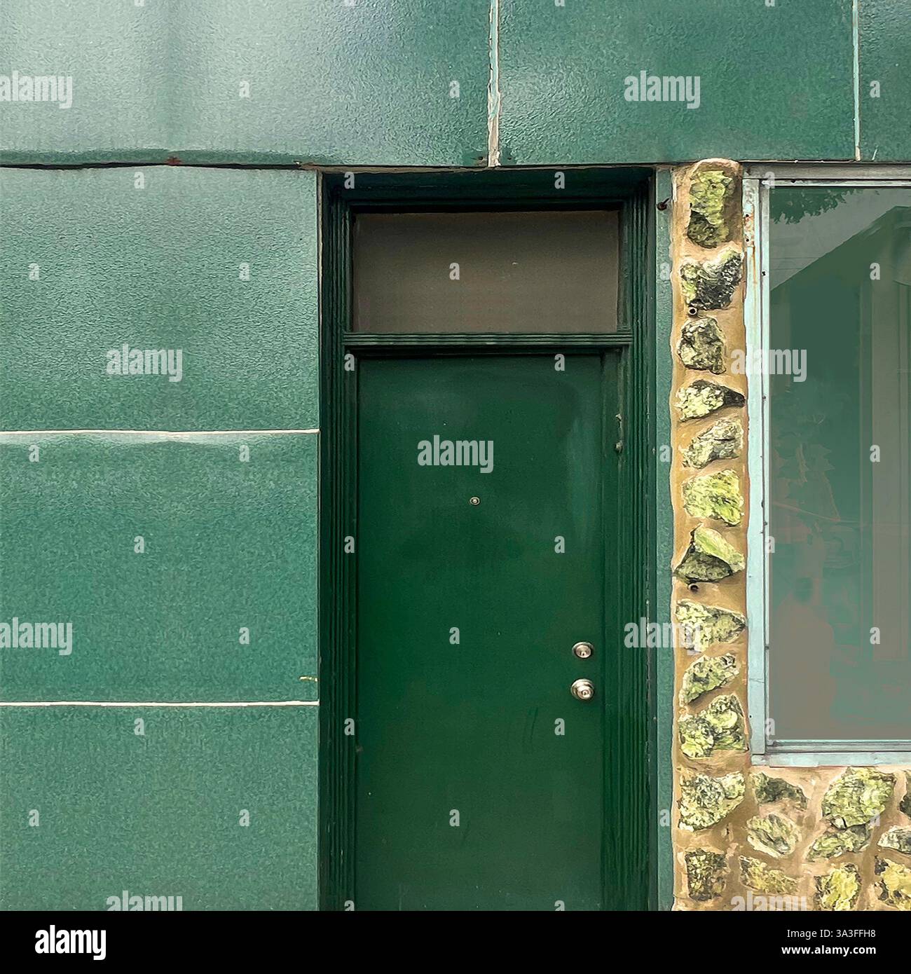Una porta verde profonda posta in una facciata con pannelli in pietra e metallo, che fonde il design urbano della metà del secolo con elementi naturali a Chicago Foto Stock