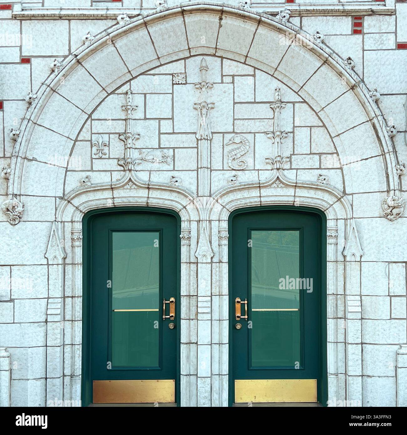 Un paio di eleganti porte verdi con dettagli in ottone incastonate in un intricato arco in pietra intagliata con rilievi decorativi in stile medievale. - Immagine stock catturata con smartphone