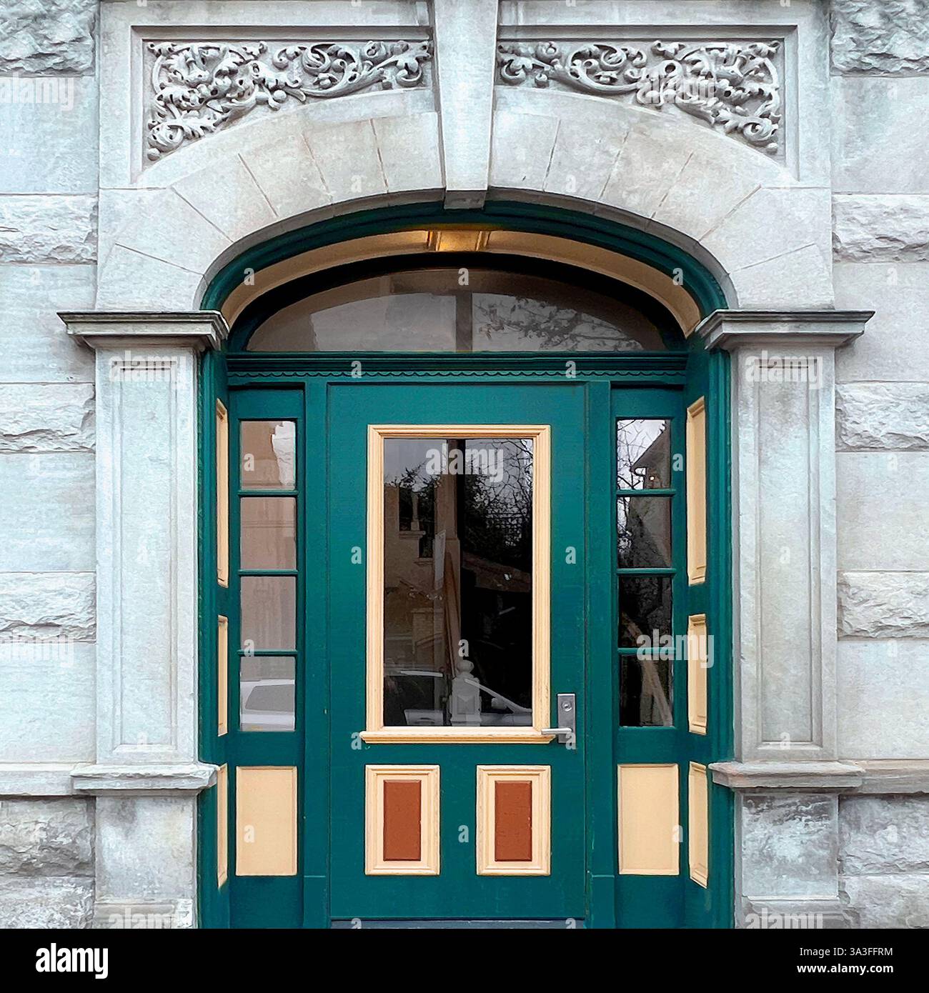 Porta ornata ad arco verde e crema adagiata in una storica facciata in pietra con dettagli intricati. - Immagine stock catturata con smartphone