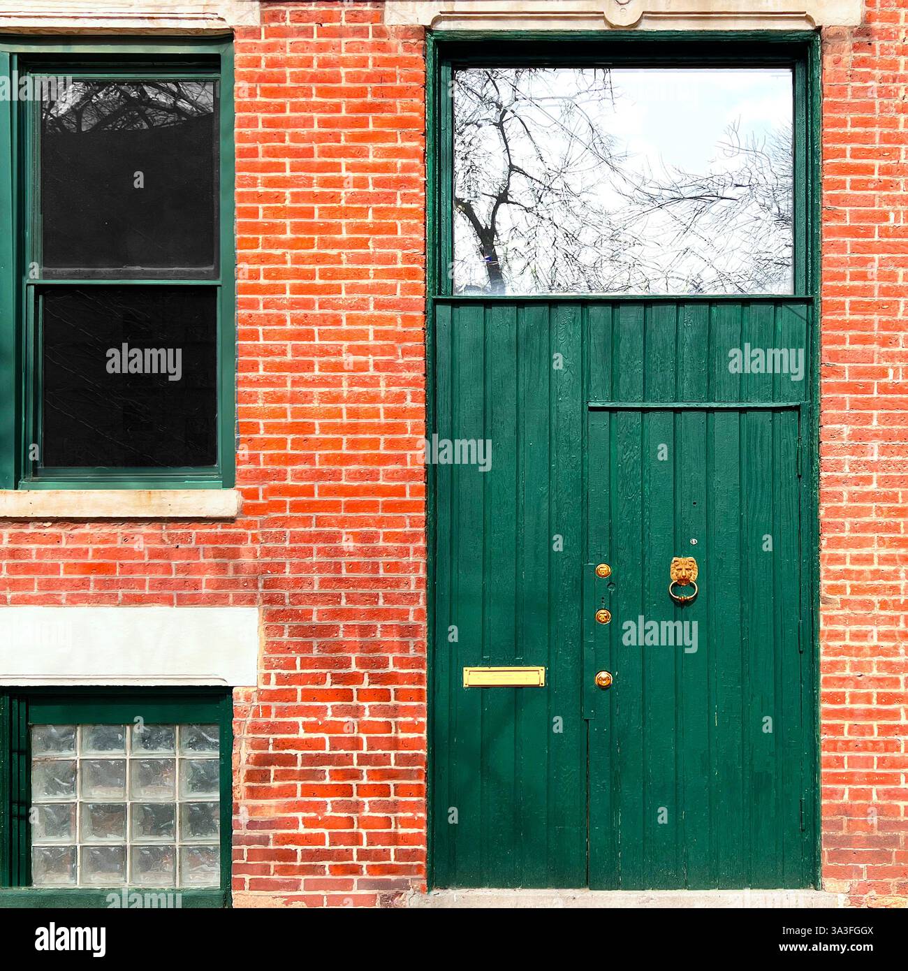 Porta in legno verde scuro con hardware in ottone, battente a testa di leone e finestra riflettente sullo specchio di poppa adagiata su una vivace facciata in mattoni rossi a Chicago. Foto Stock