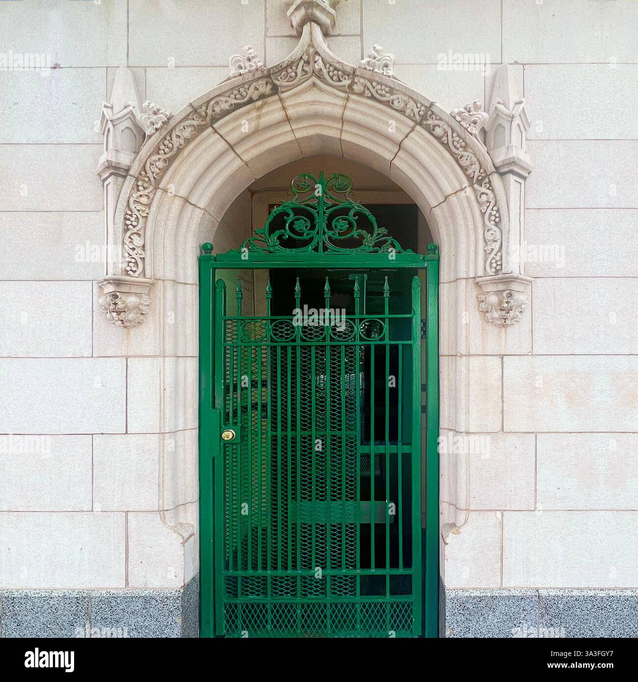 Cancello in ferro battuto verde collocato all'interno di un arcata gotica decorata, caratterizzato da intricate incisioni in pietra su una facciata storica di un edificio a Chicago. - Immagine stock catturata con smartphone
