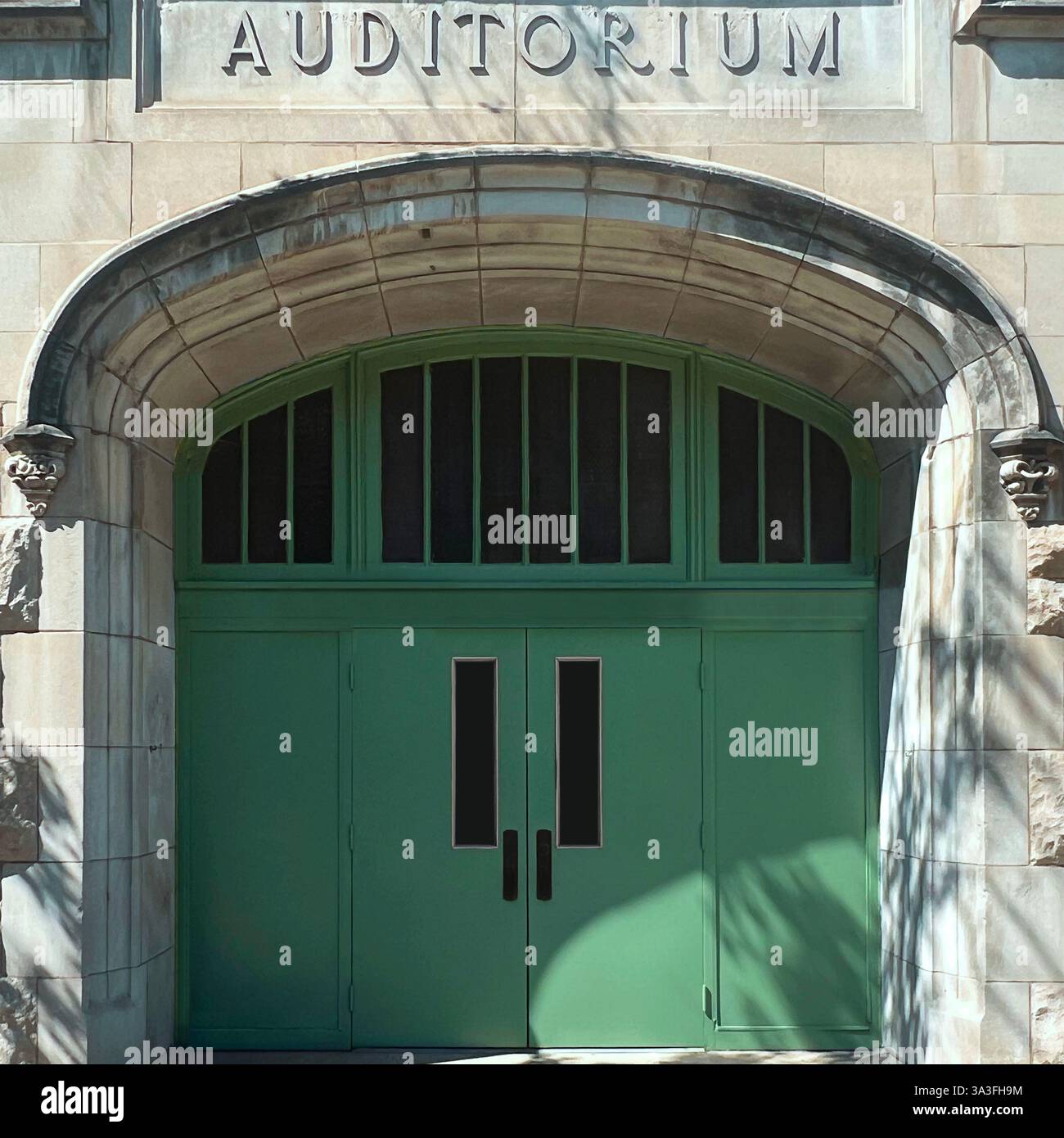 Un grande ingresso all'auditorium School di Chicago, caratterizzato da una doppia porta verde menta incorniciata da una facciata ad arco in pietra. Foto Stock