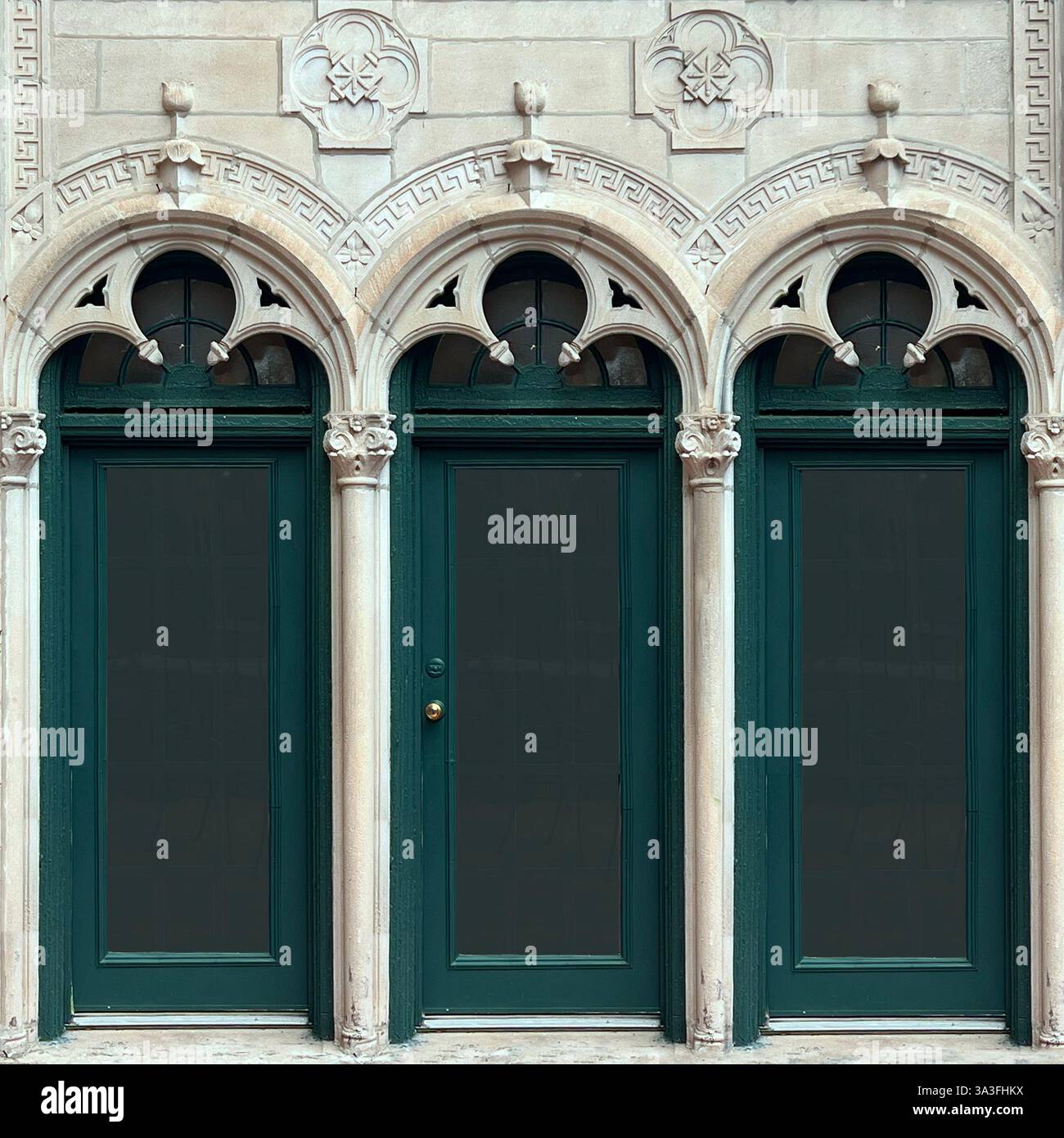 Una splendida serie di tre porte verdi ad arco adornate con intricate incisioni classiche in pietra a Chicago. - Immagine stock catturata con smartphone