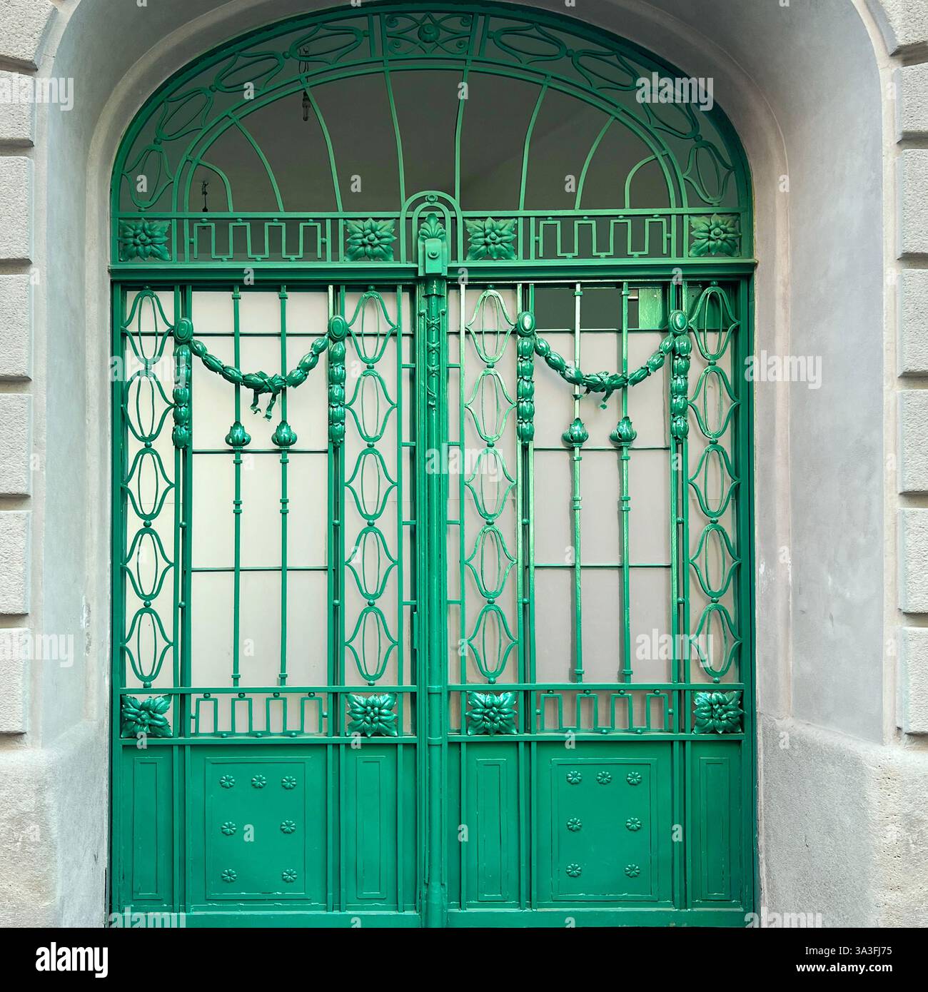 Elegante cancello in ferro battuto verde con dettagli intricati a Kraków, Polonia - Immagine stock catturata con smartphone