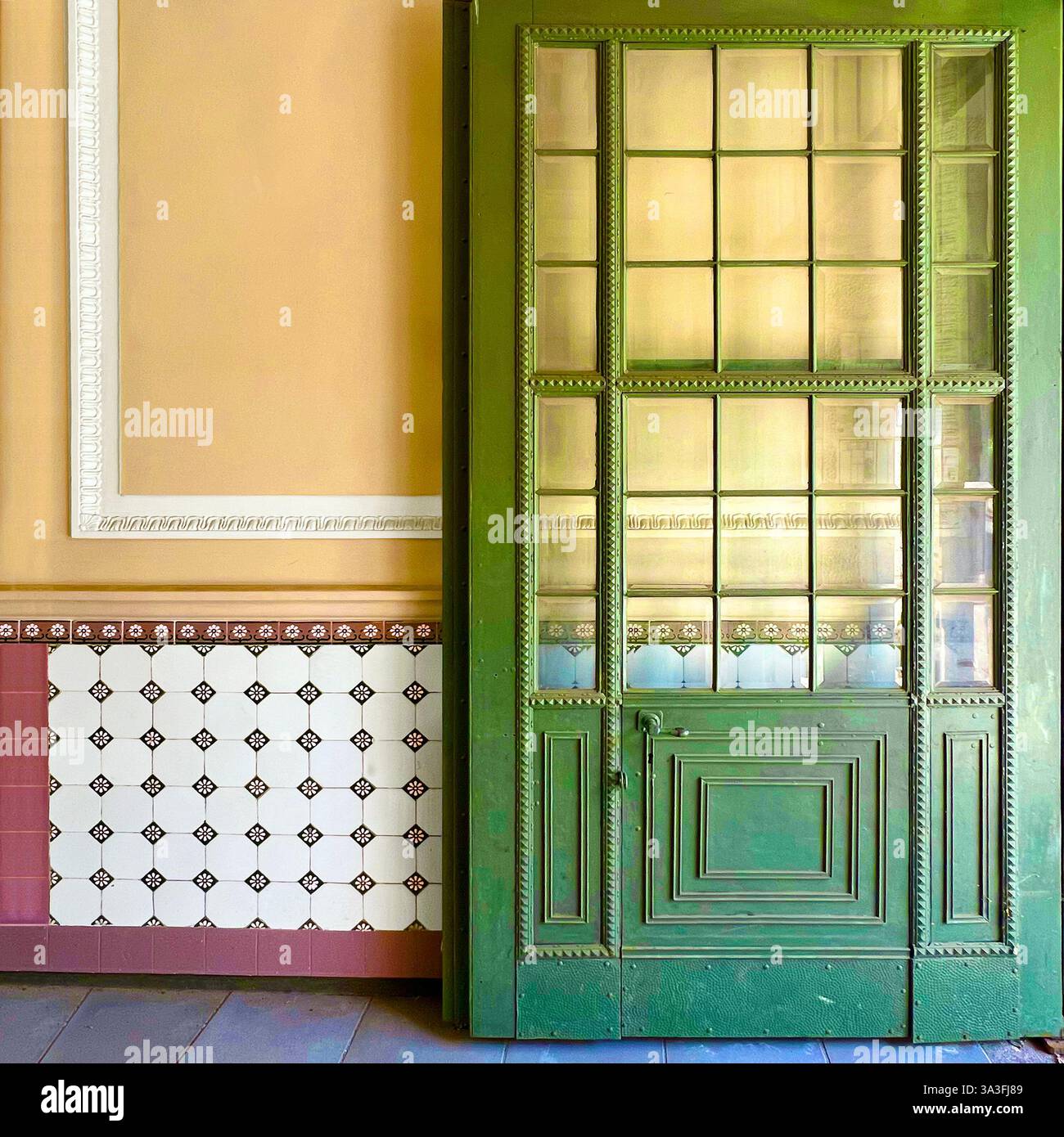 Una porta vintage con pannelli di vetro verde con dettagli intricati si erge su una splendida parete piastrellata a Łódź, Polonia, riflettendo il fascino del vecchio mondo Foto Stock
