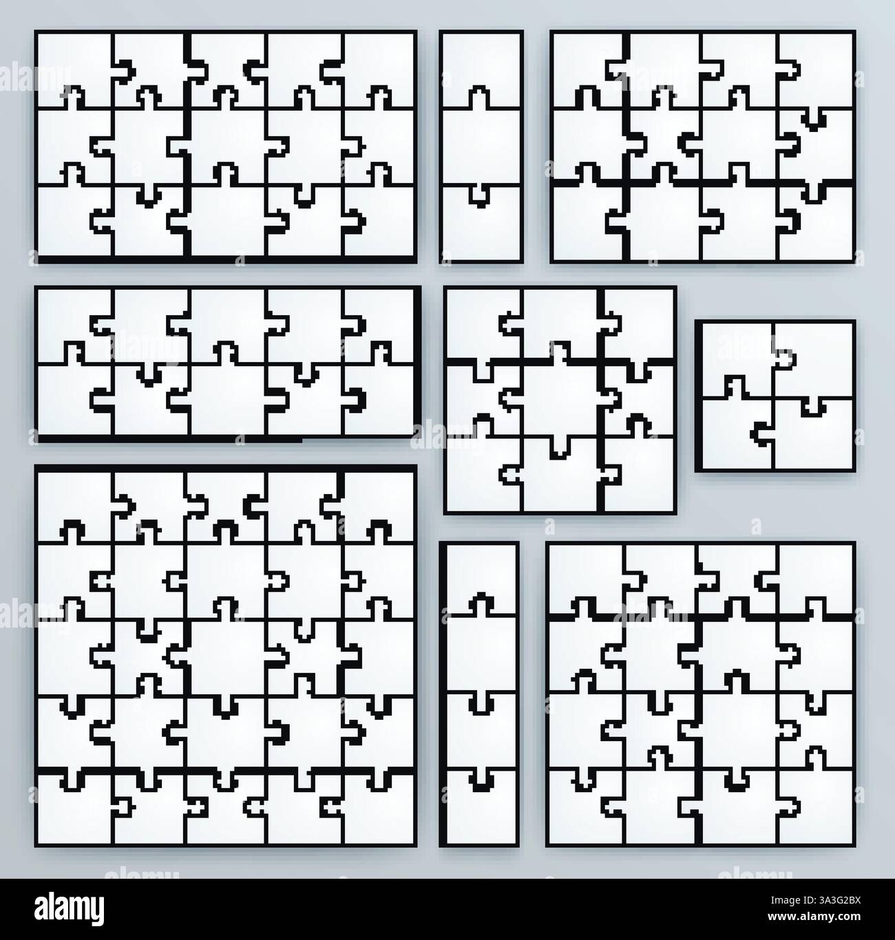 Modelli di puzzle per seghetto alternativo. Set di puzzle 15, 3, 12, 10, 9, 4, 16, 25 pezzi Illustrazione Vettoriale