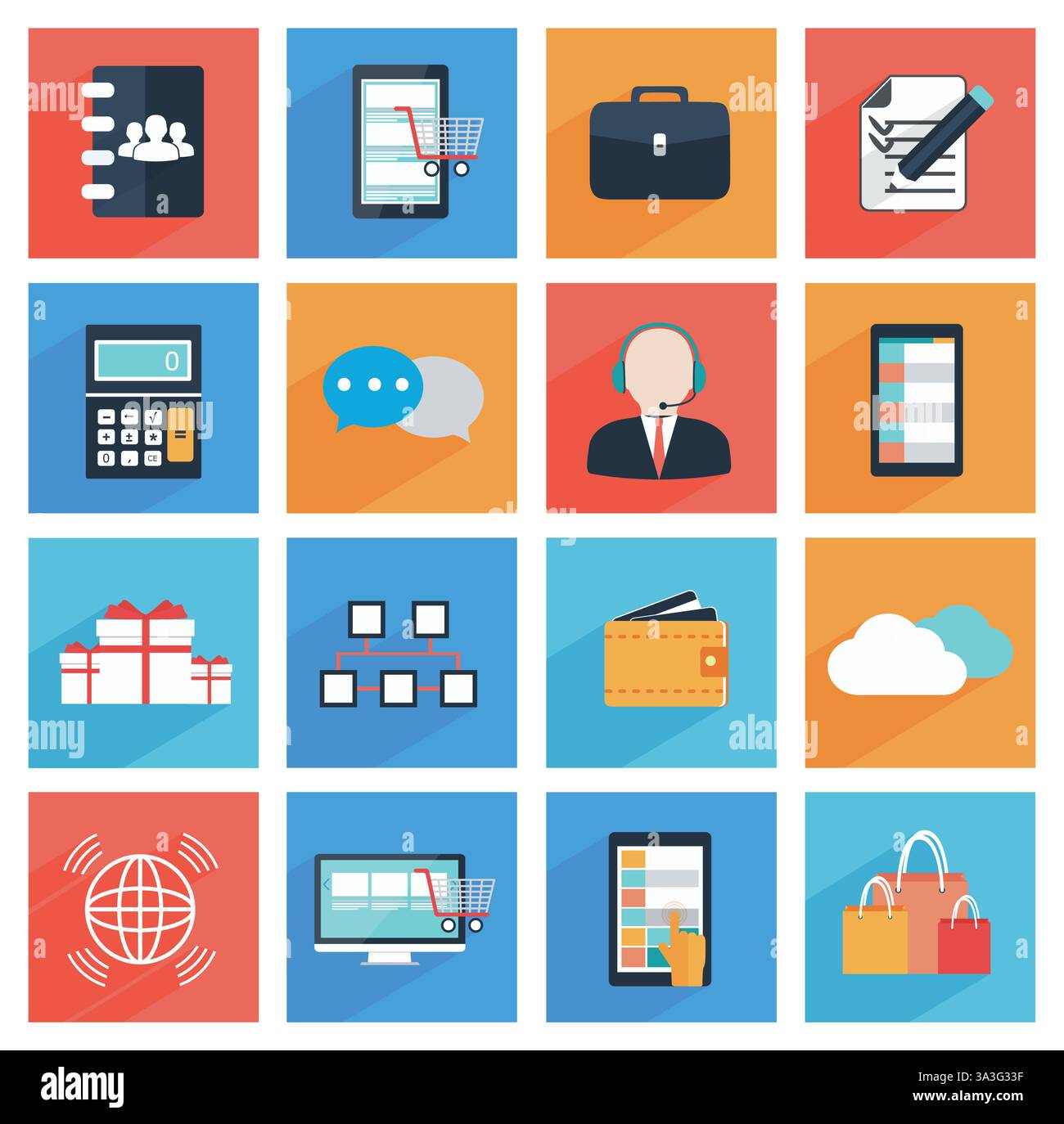 Icone piatte per aziende e uffici con ombre lunghe, siti Web SEO, applicazioni Web e mobili Illustrazione Vettoriale