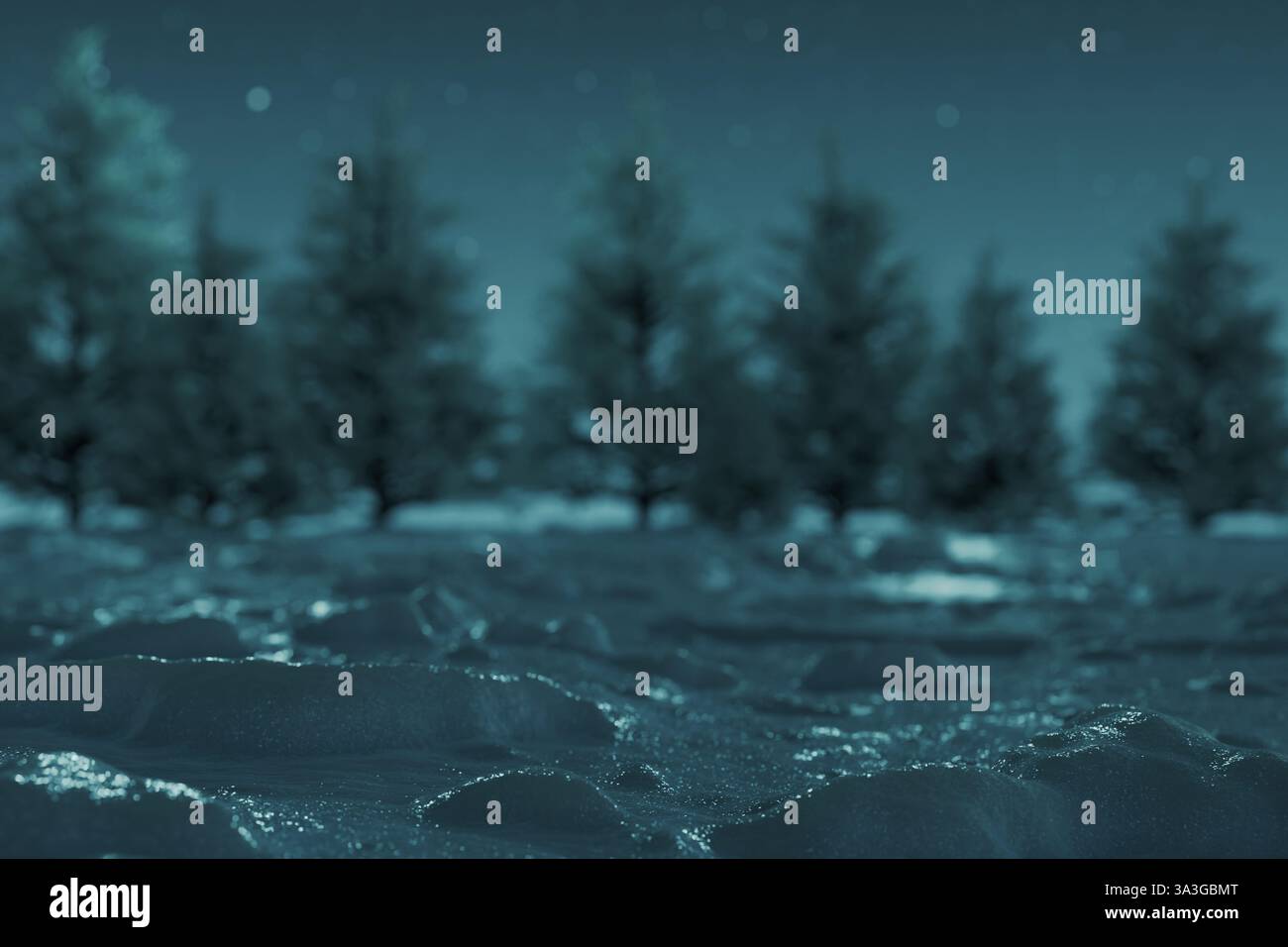 Rendering 3D di un terreno scintillante coperto di neve di notte Foto Stock