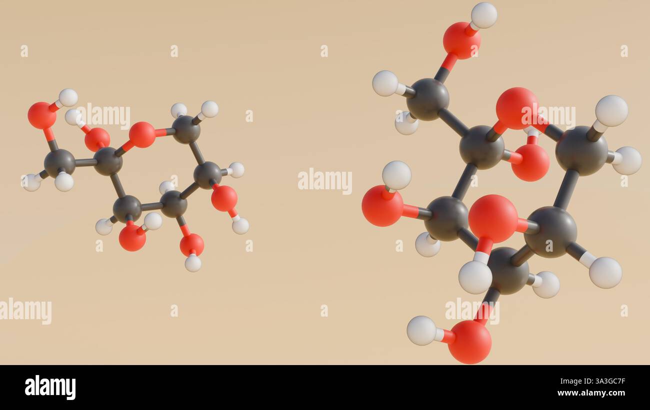 Rendering 3d della struttura molecolare dell'Allulosa, nota anche come D-psicose Foto Stock