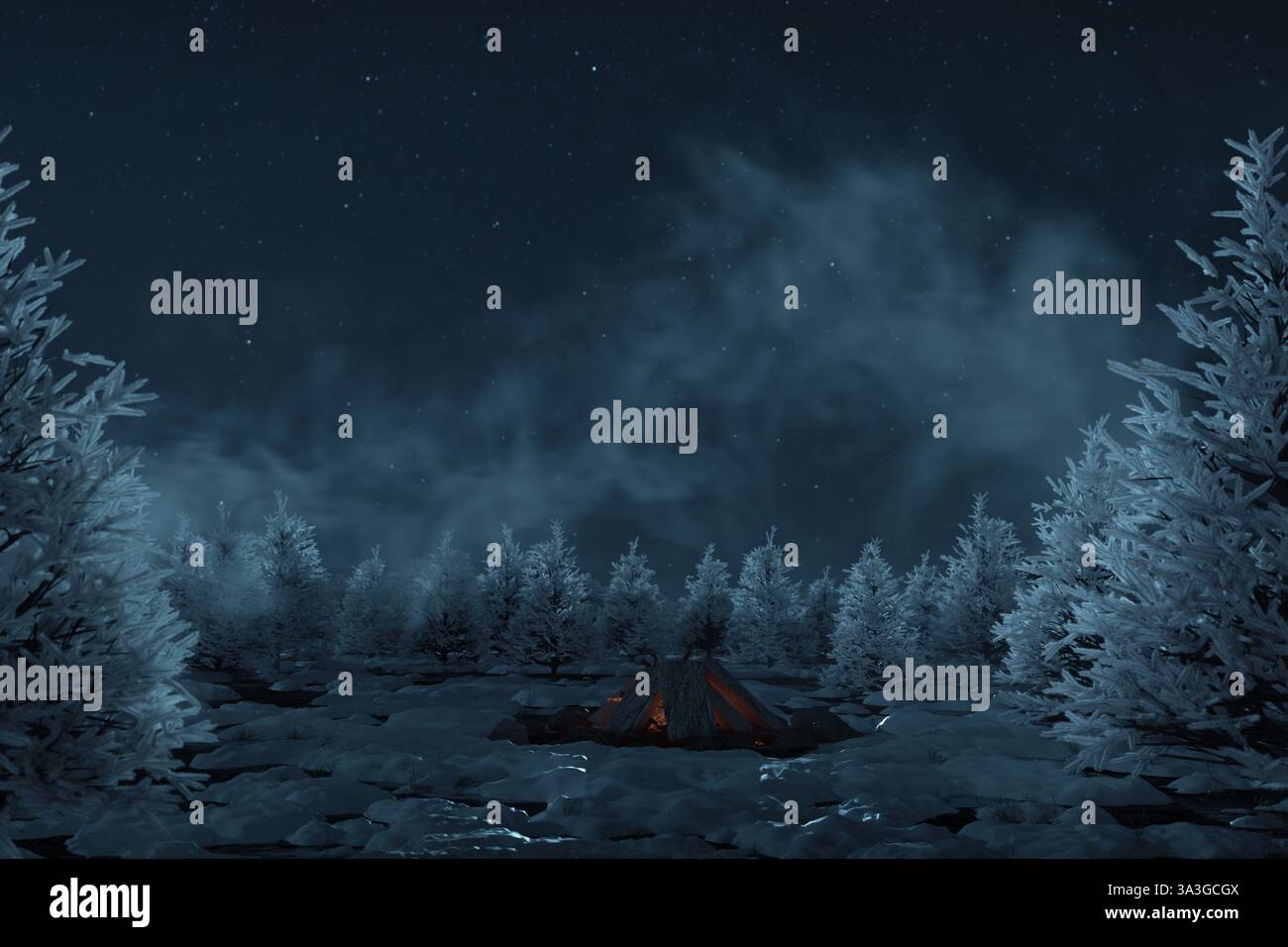 rendering 3d di pini innevati e polvere di neve di notte. Immagine prodotta senza l'uso di alcuna forma di software di intelligenza artificiale Foto Stock