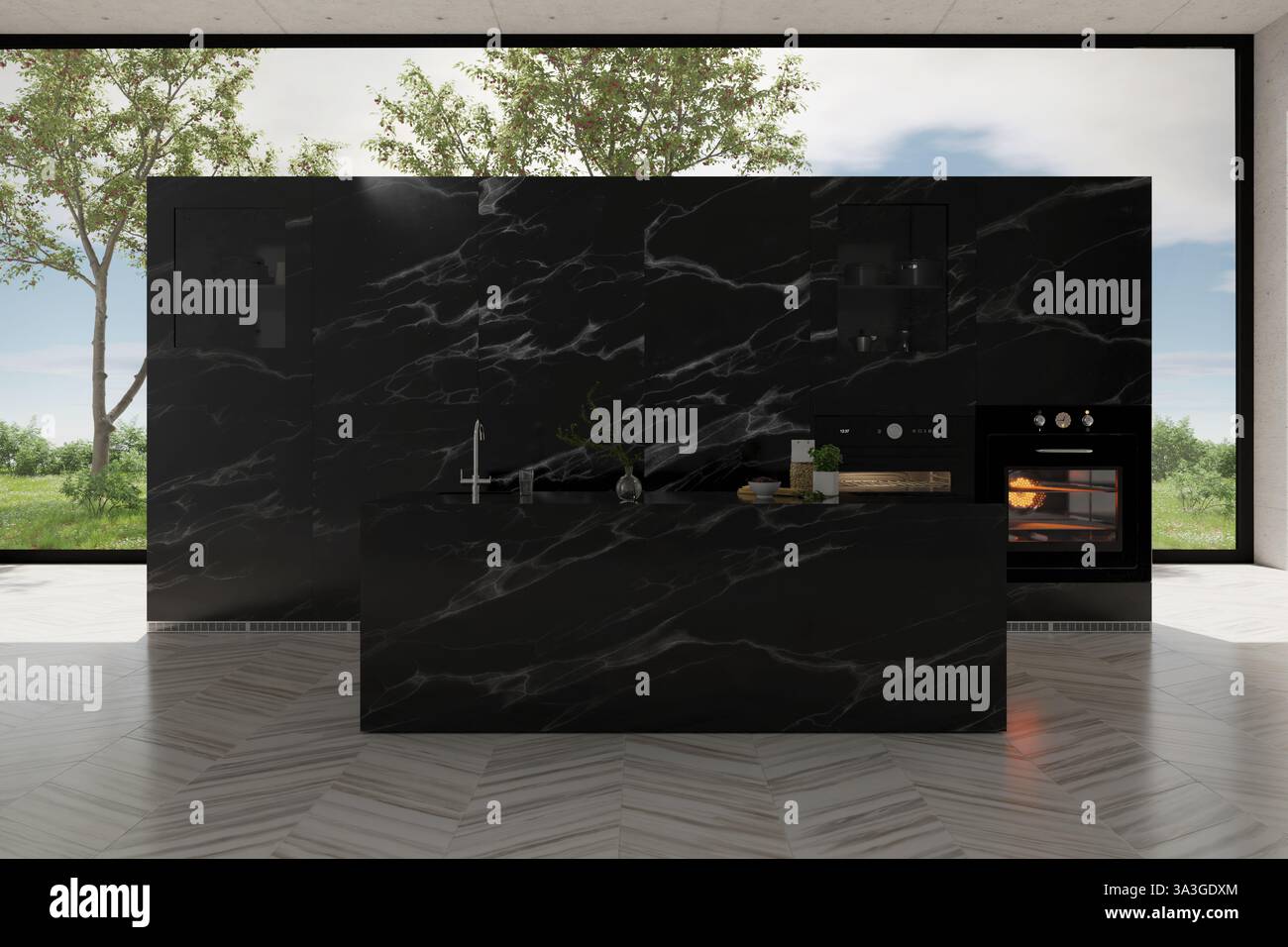 Rendering 3D di una spaziosa cucina con mobili da cucina in marmo nero Foto Stock