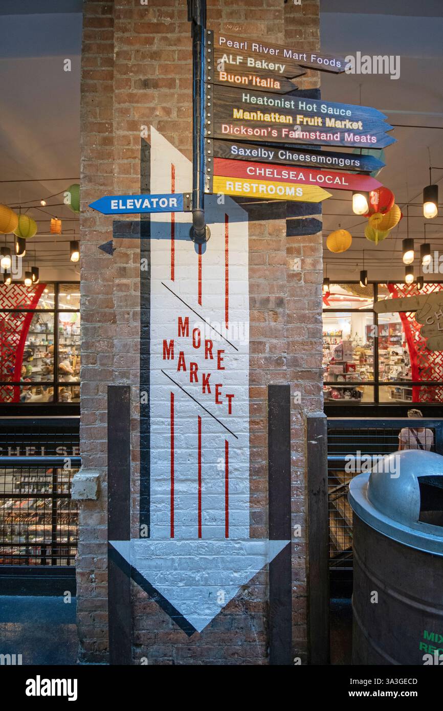 Cartelli segnaletici per Chelsea Market, West Side, Manhattan, New York City, Stati Uniti Foto Stock