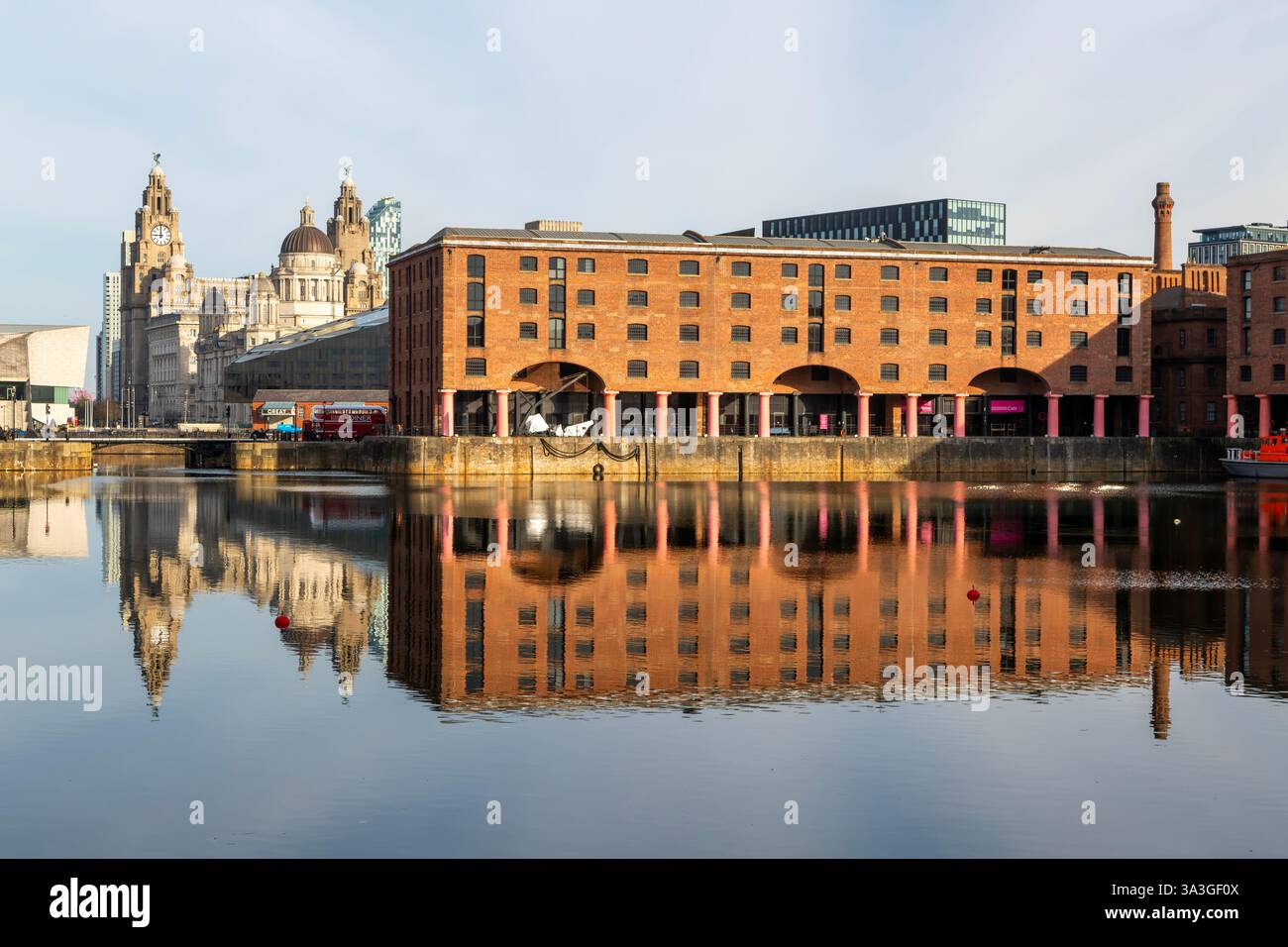 Vista delle tre Grazie da Albert Dock, Pier Head, Liverpool, Inghilterra, Regno Unito Foto Stock