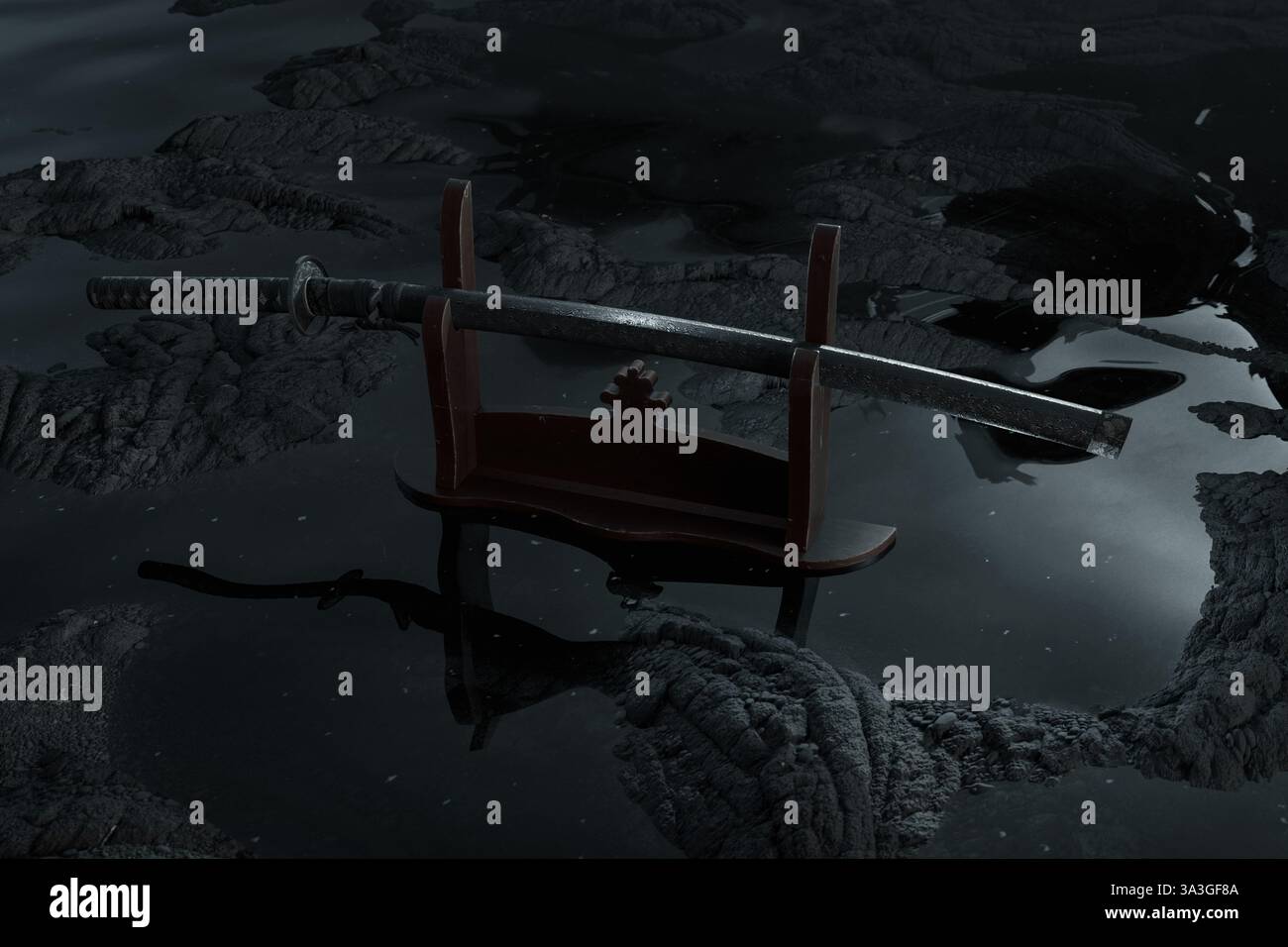 spada katana con guaina montata su un supporto di legno. Tutti torreggianti sopra l'acqua. Rendering 3D. Foto Stock
