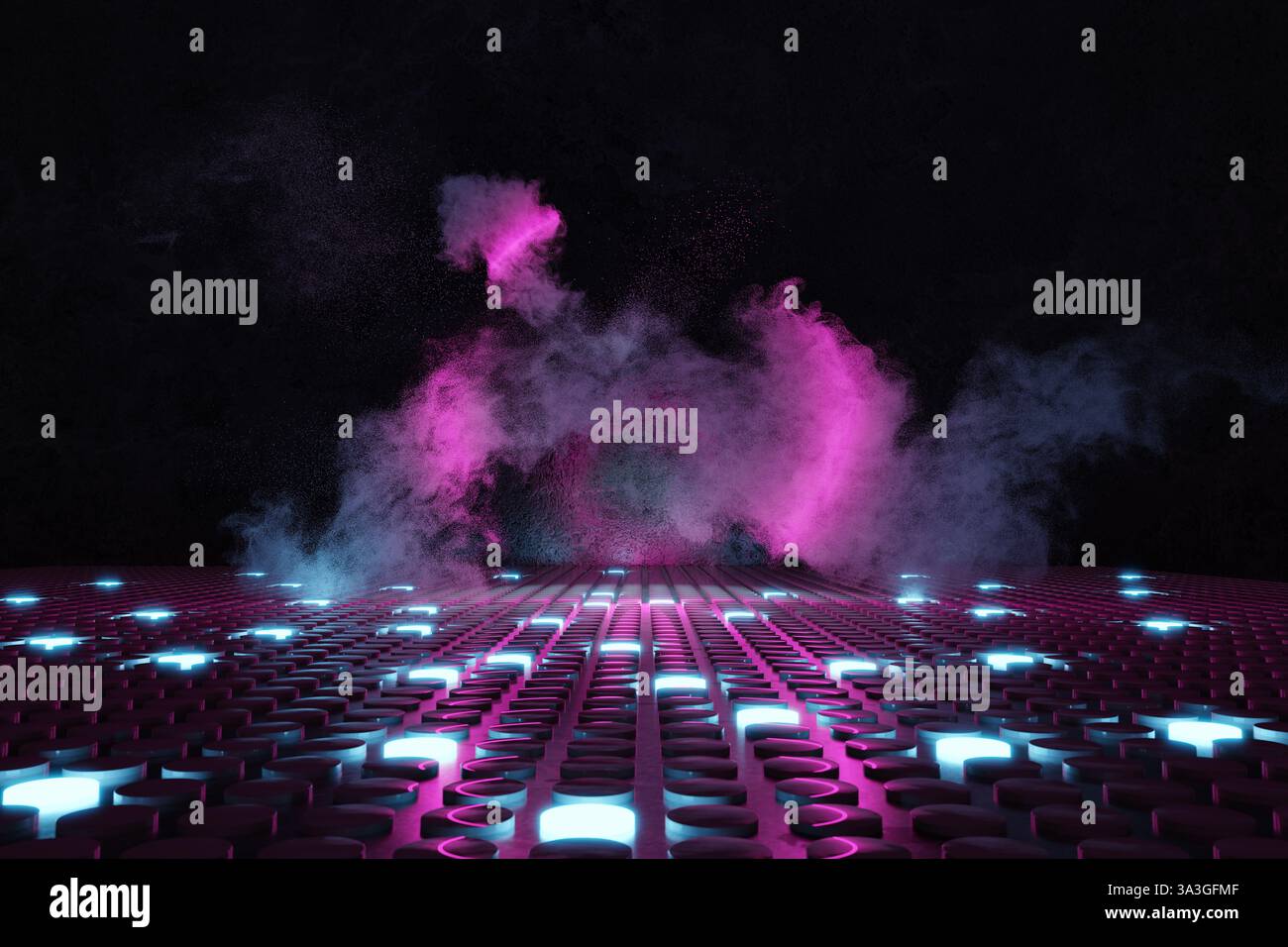 rendering 3d dello sfondo del pulsante al neon con fumo colorato Foto Stock
