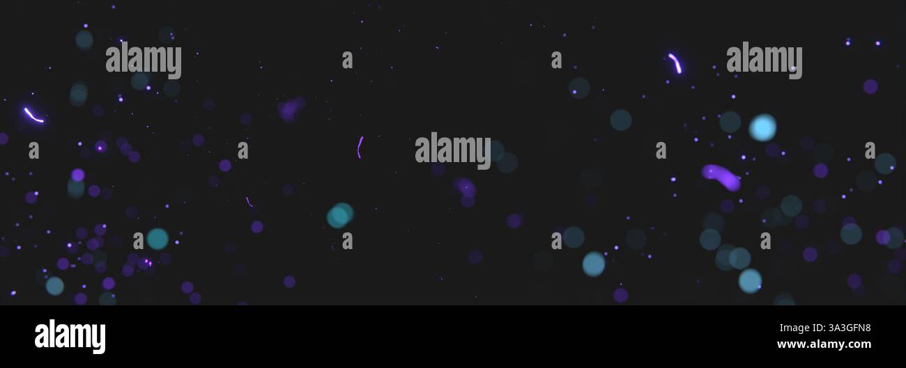 scintille blu e viola sfocate generate dalle luci al neon di fronte al backgound nero. Rendering 3D. Foto Stock
