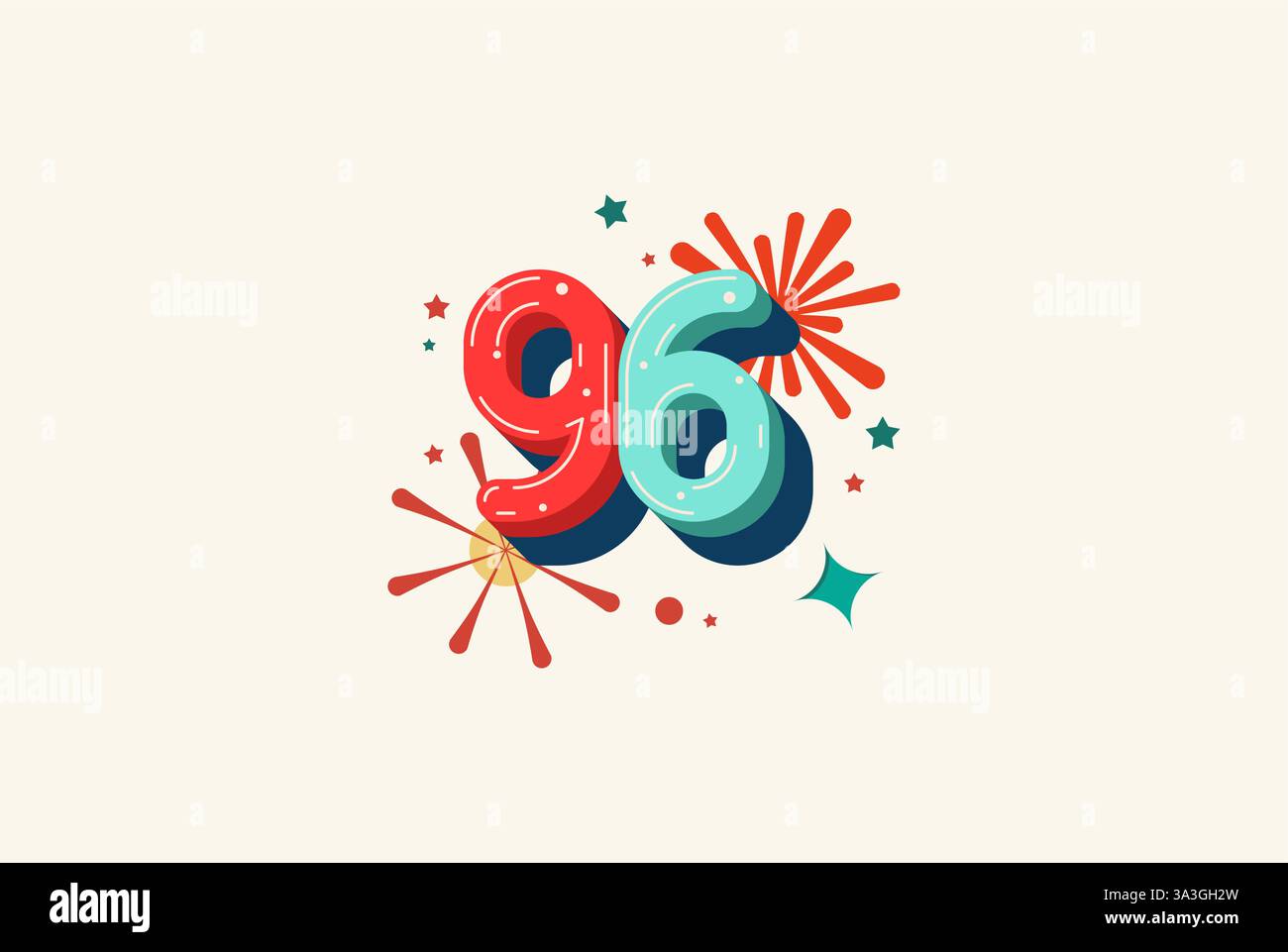 Logo numero colorato 96th, 96th Happy Birthday o Anniversary con fuochi d'artificio. Felicità e divertente concetto di design. Illustrazione Vettoriale