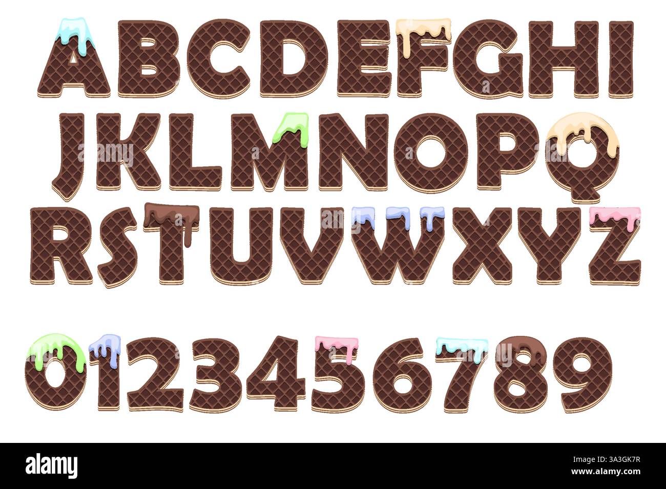 Alfabeto, lettere, numeri e segni fatto cioccolato da cialde con crema. Insieme di oggetti vettoriali isolati. Carte didattiche, adesivi, tipografia Illustrazione Vettoriale