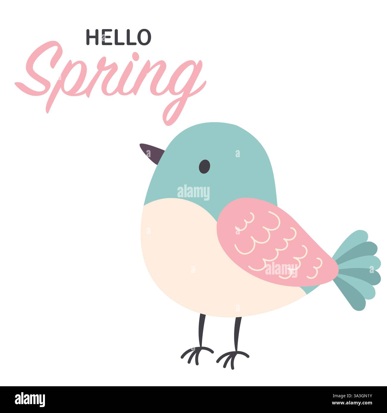 Dolce uccello. Una cartolina di ciao primavera. Illustrazione vettoriale in stile piatto. Illustrazione Vettoriale