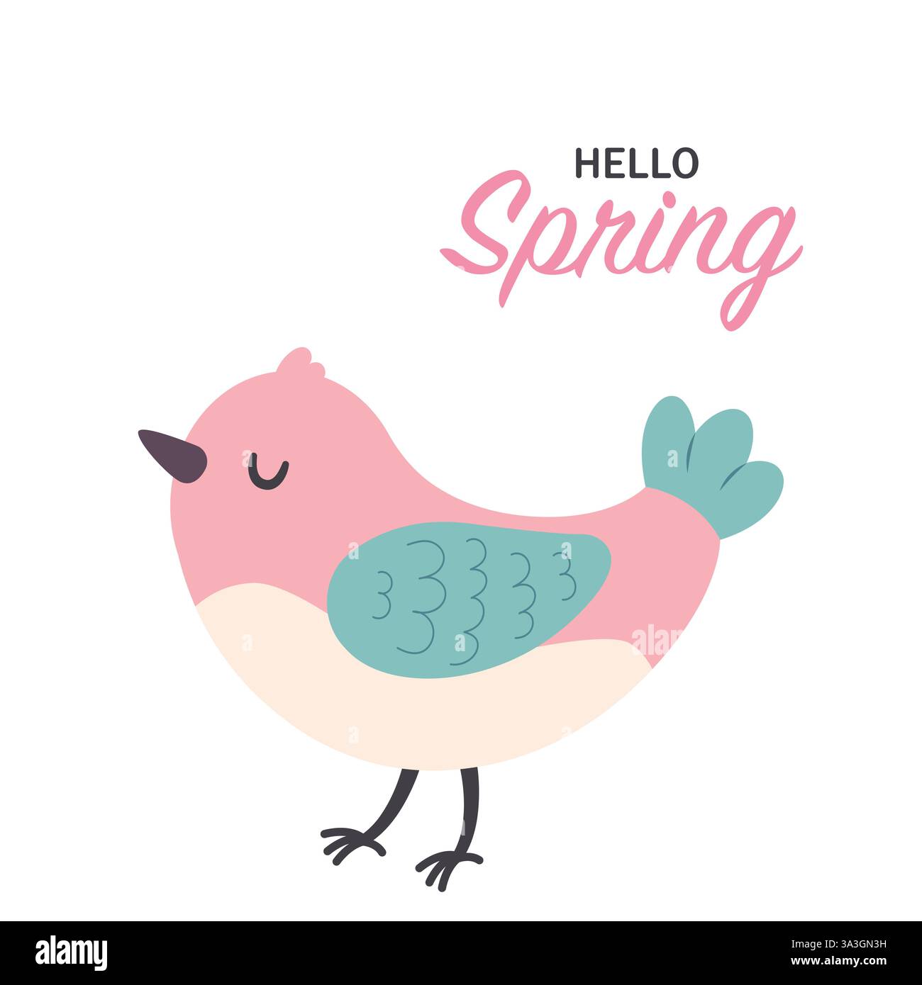 Dolce uccello. Una cartolina di ciao primavera. Illustrazione vettoriale in stile piatto. Illustrazione Vettoriale