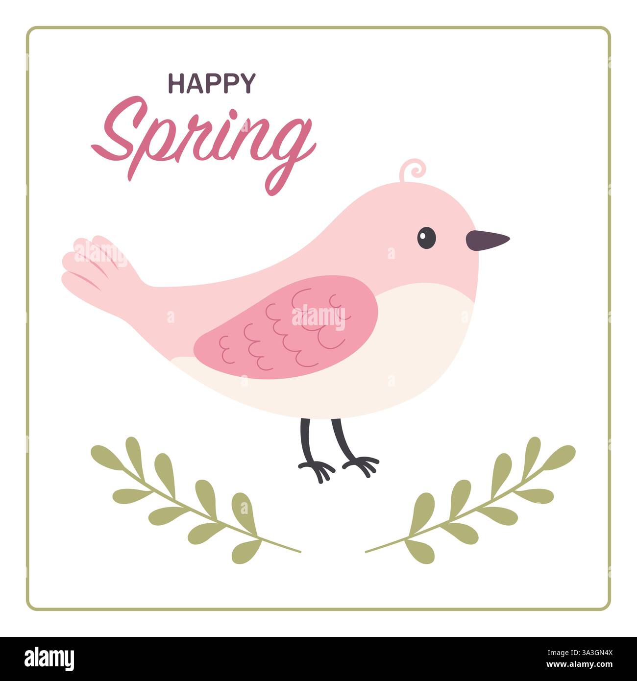 Dolce uccello. Una cartolina di ciao primavera. Illustrazione vettoriale in stile piatto. Illustrazione Vettoriale