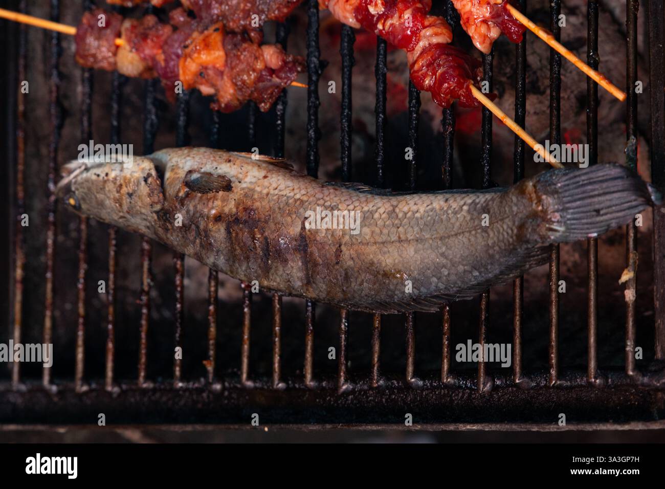 Pesce e carne alla griglia in un mercato locale di Phnom Penh, Cambogia Foto Stock