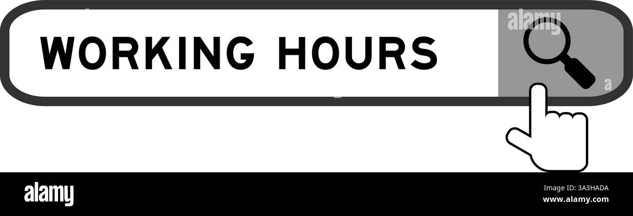 Cerca banner in Word Working Hours con l'icona della lente di ingrandimento a mano su sfondo bianco Illustrazione Vettoriale