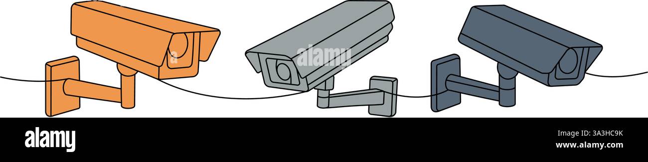 Videocamere CCTV con disegno continuo a una riga colorata. Sistema di sicurezza domestica esterno. Illustrazione vettoriale. Illustrazione Vettoriale